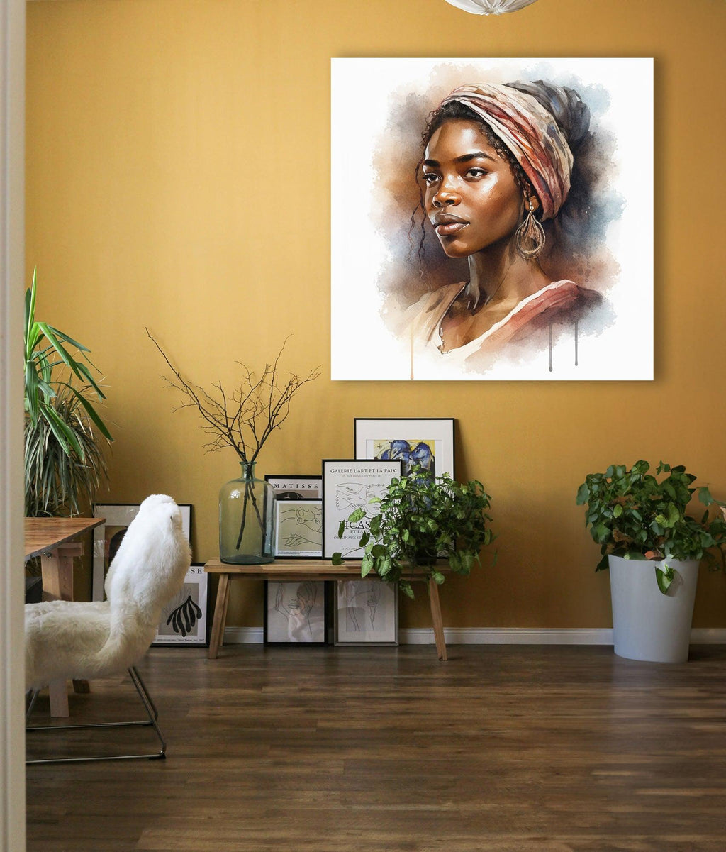 Afrikanerin Portrait mit gestreiftem Kopftuch und Creolen Aquarell