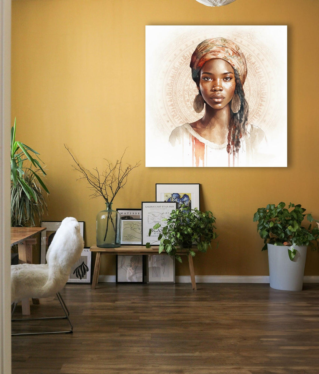 Wandbild Afrikanerin Portrait mit Blumenkopftuch und Creolen