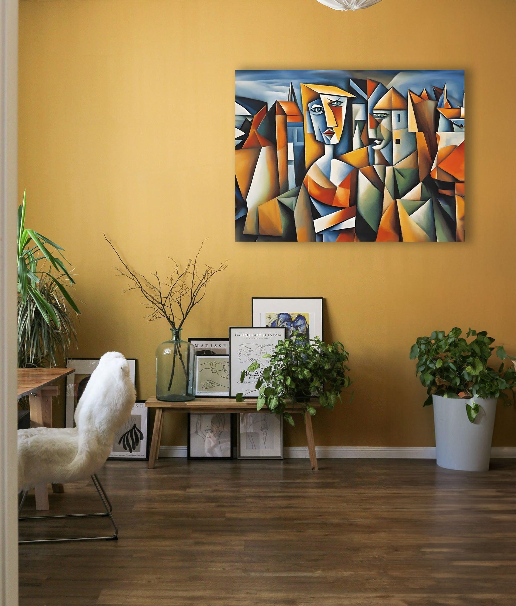 Wandbild Kubistische Frau mit Figuren Picasso Style Kunstdruck auf Leinwand