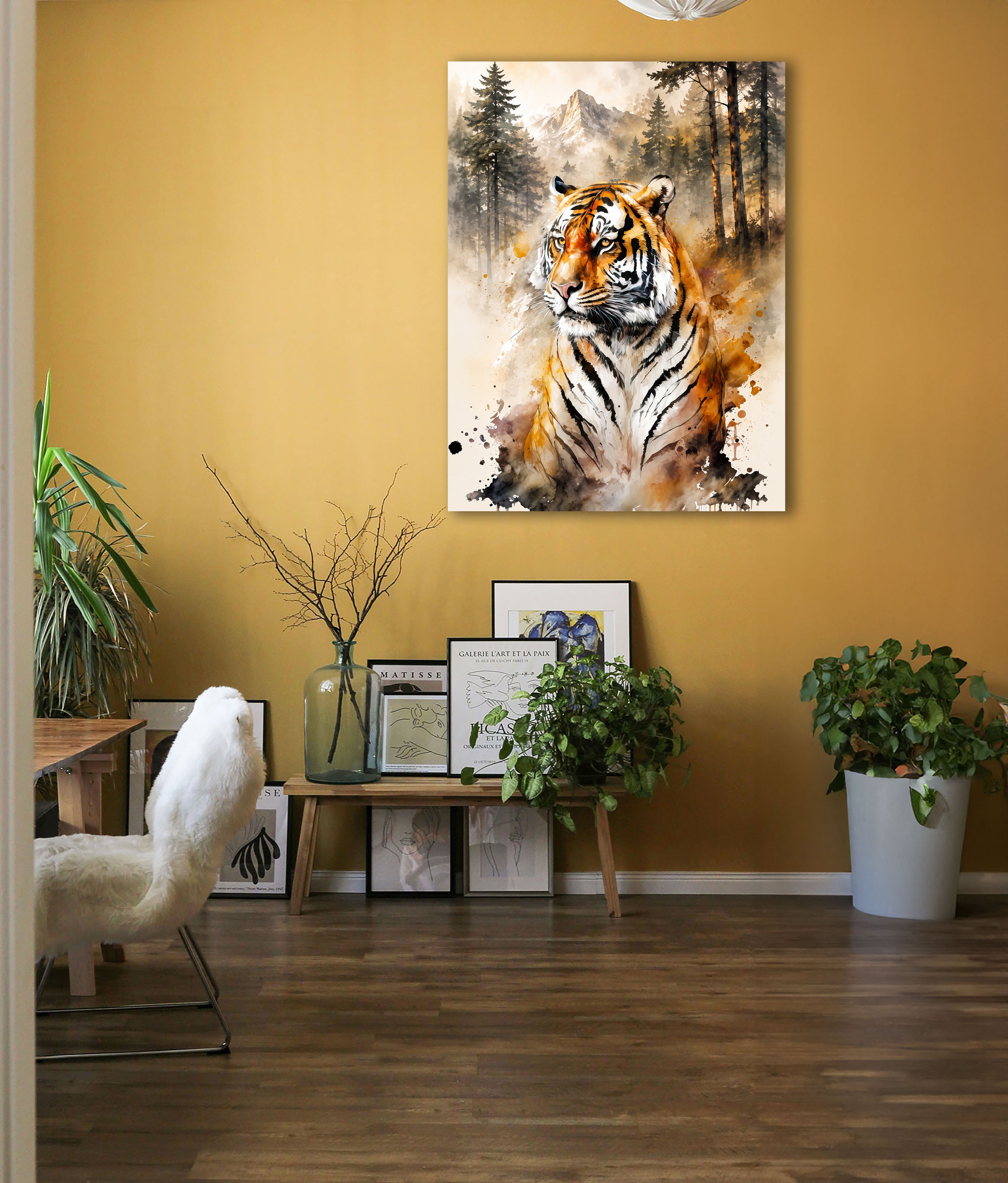 Wandbild Tiger Aquarell Nadelwald Bergkulisse Nr. 1 Kunstdruck auf Leinwand