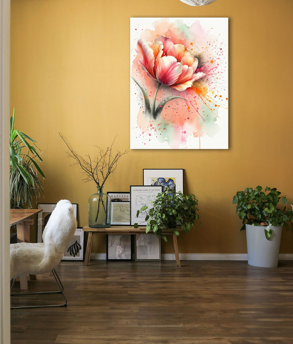 Wandbild Tulpe Aquarell Lachs Orange Rosa Farbspritzer Frühlingsblüte Kunstdruck auf Leinwand