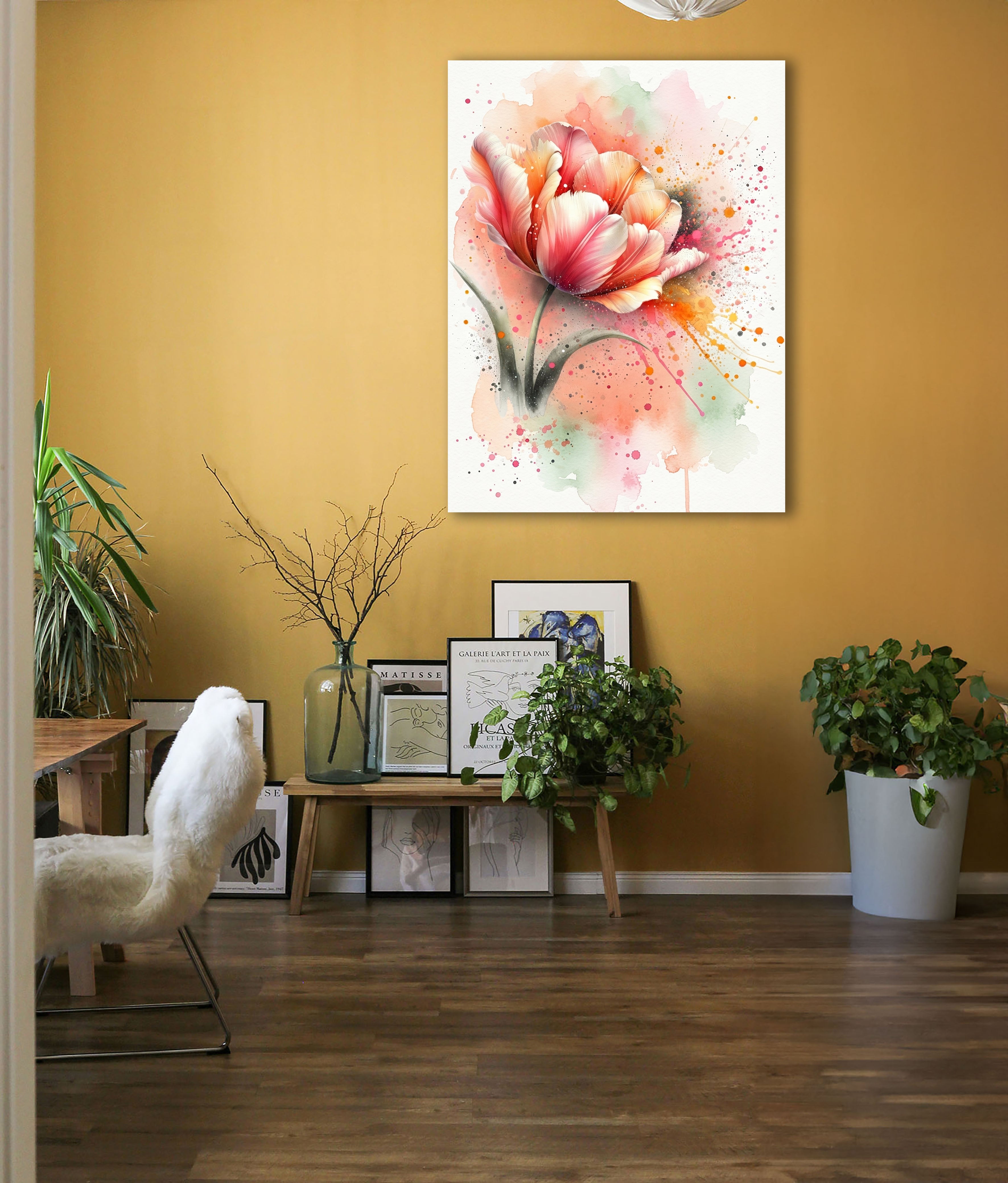 Wandbild Tulpe Aquarell Lachs Orange Rosa Farbspritzer Frühlingsblüte Kunstdruck auf Leinwand