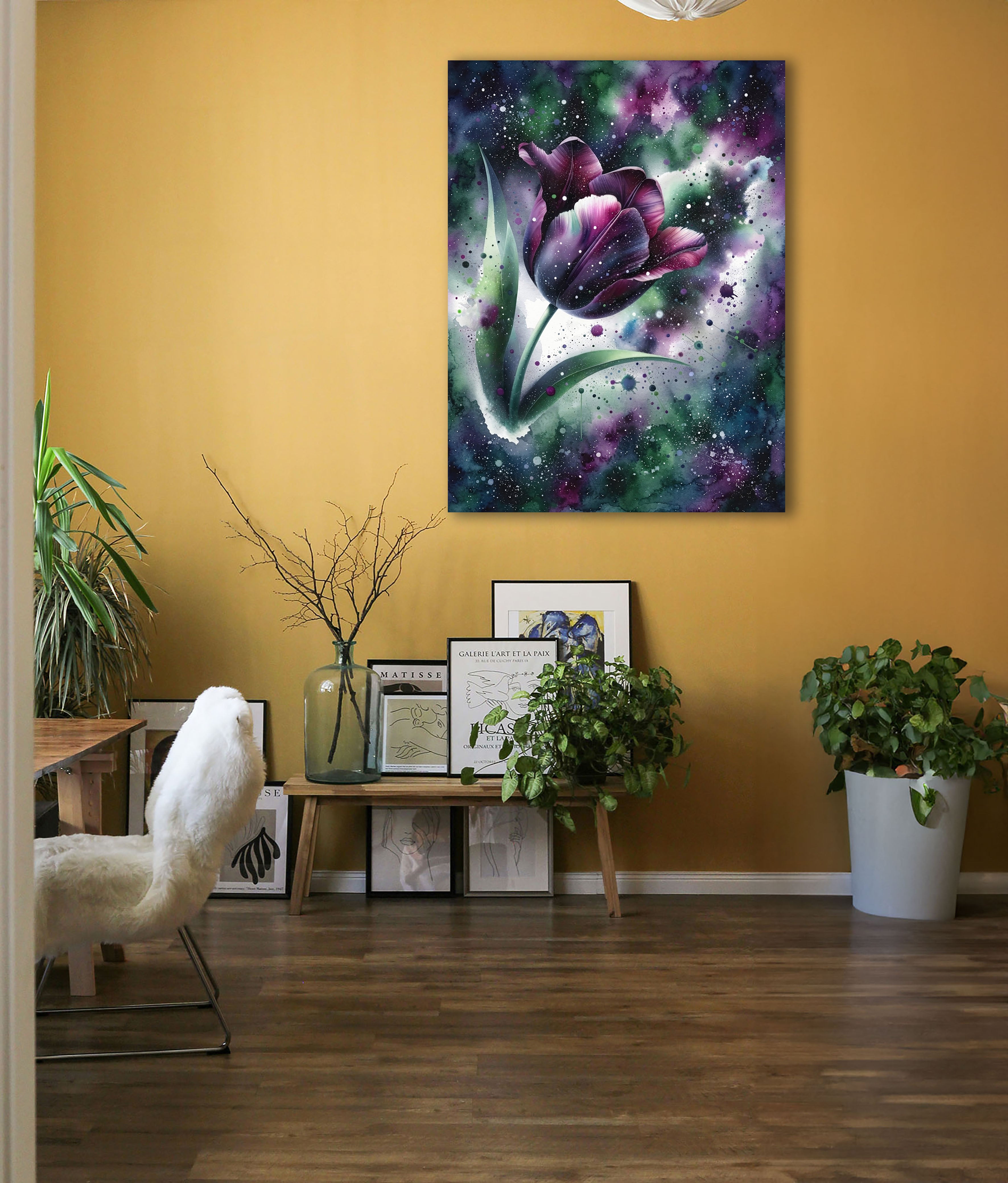 Wandbild Tulpe Aquarell Dunkelviolett Galaxie Grün Sternennebel Kunstdruck auf Leinwand