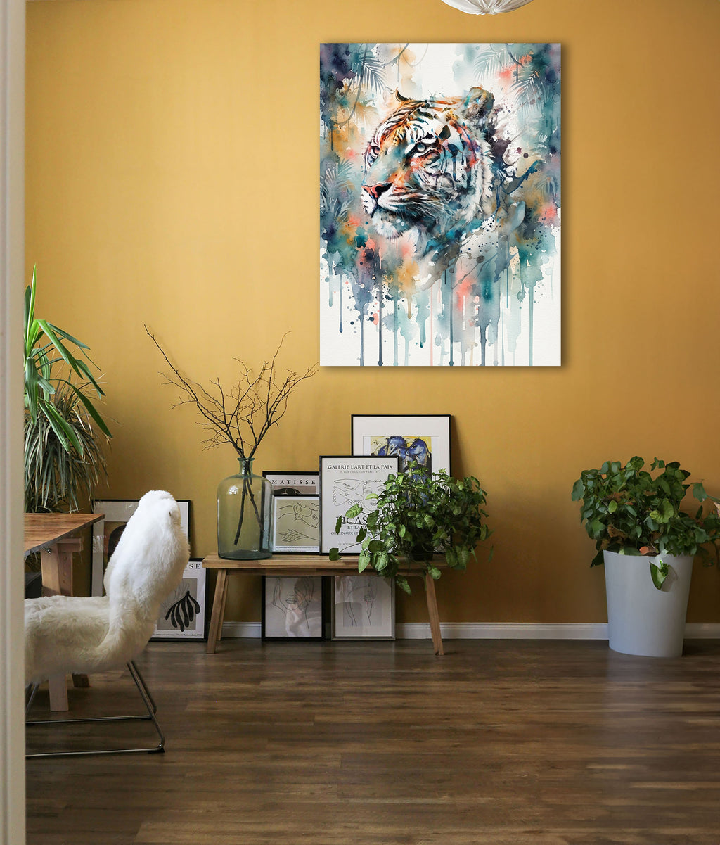Wandbild Tiger Weißer Tiger Aquarell Farbspritzer Dschungel Kunstdruck auf Leinwand
