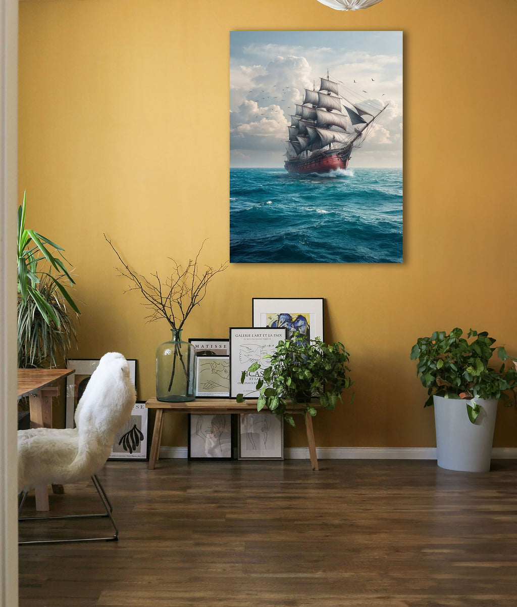 Wandbild Segelschiff Antik Roter Rumpf Volle Segel Möwen Kunstdruck auf Leinwand