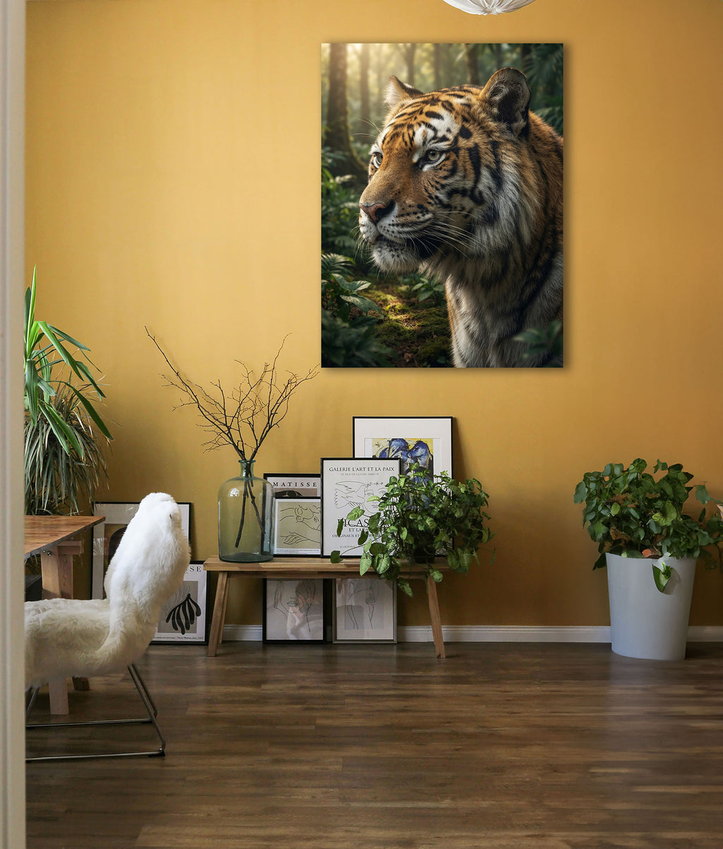 Wandbild Tiger Nahaufnahme Seitenprofil Seitenblick Dschungel Sonnenlicht Kunstdruck auf Leinwand
