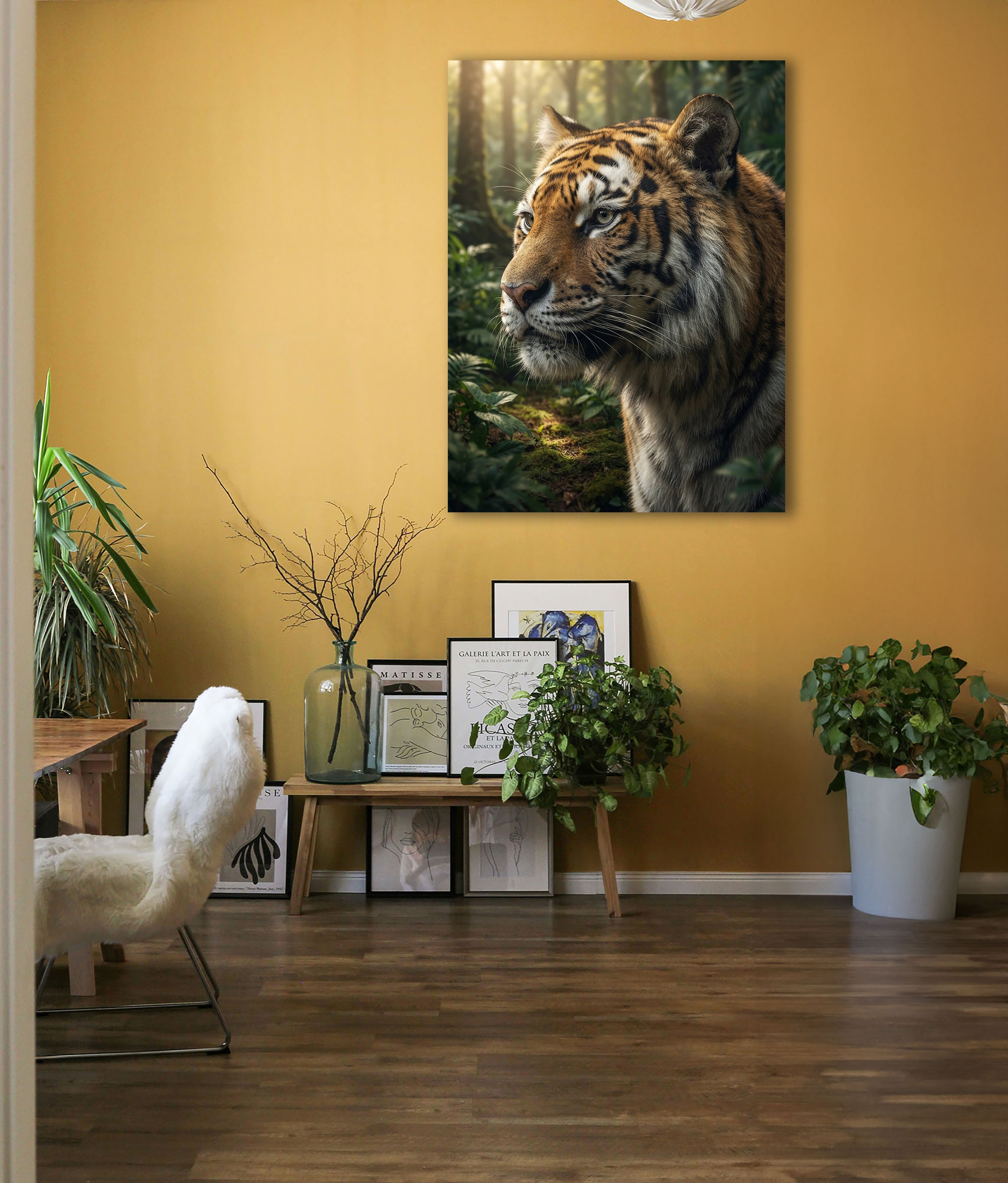 Wandbild Tiger Nahaufnahme Seitenprofil Seitenblick Dschungel Sonnenlicht Kunstdruck auf Leinwand