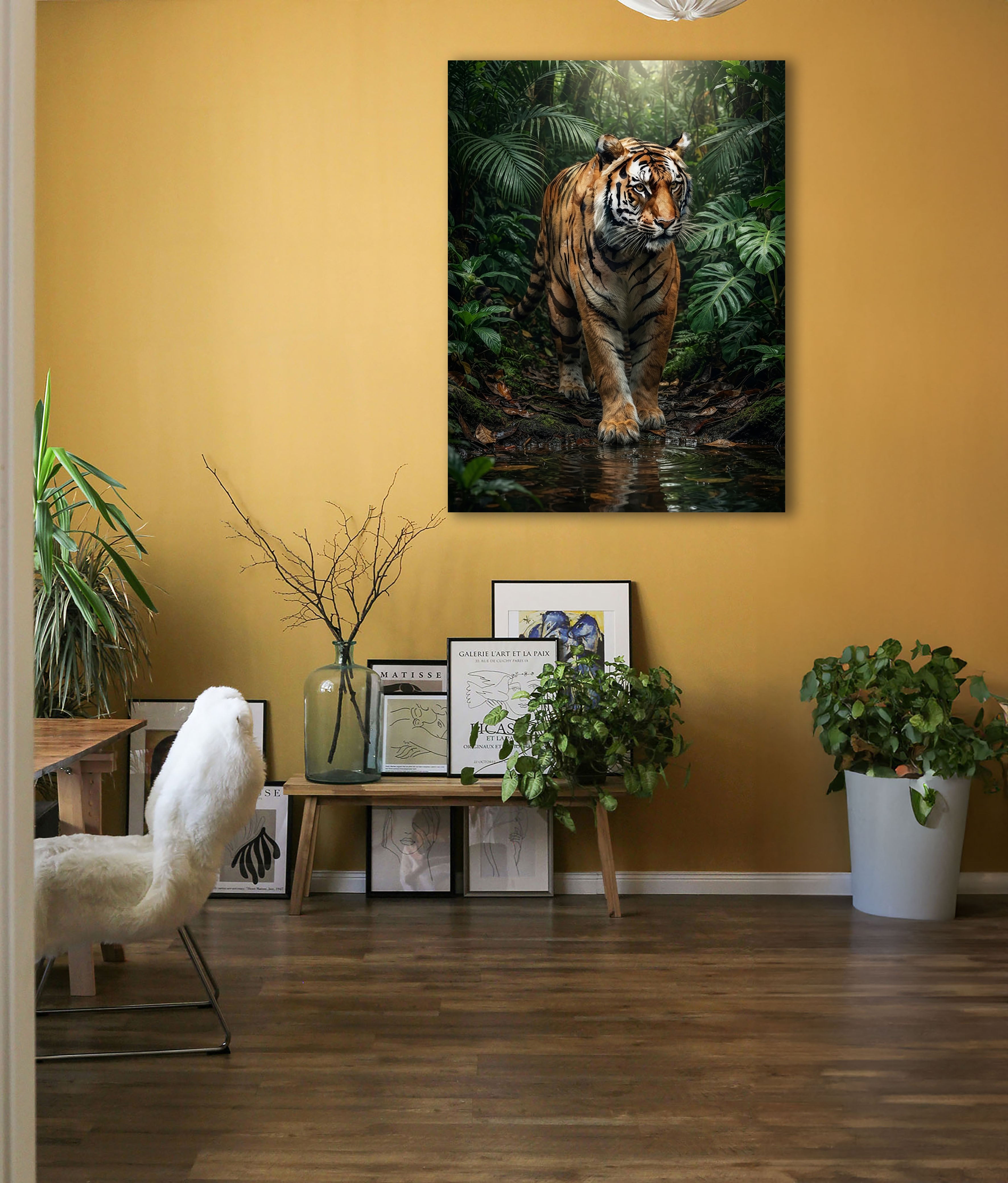 Wandbild Tiger Regenwald Frontal Wasserpfütze Dschungel Kunstdruck auf Leinwand
