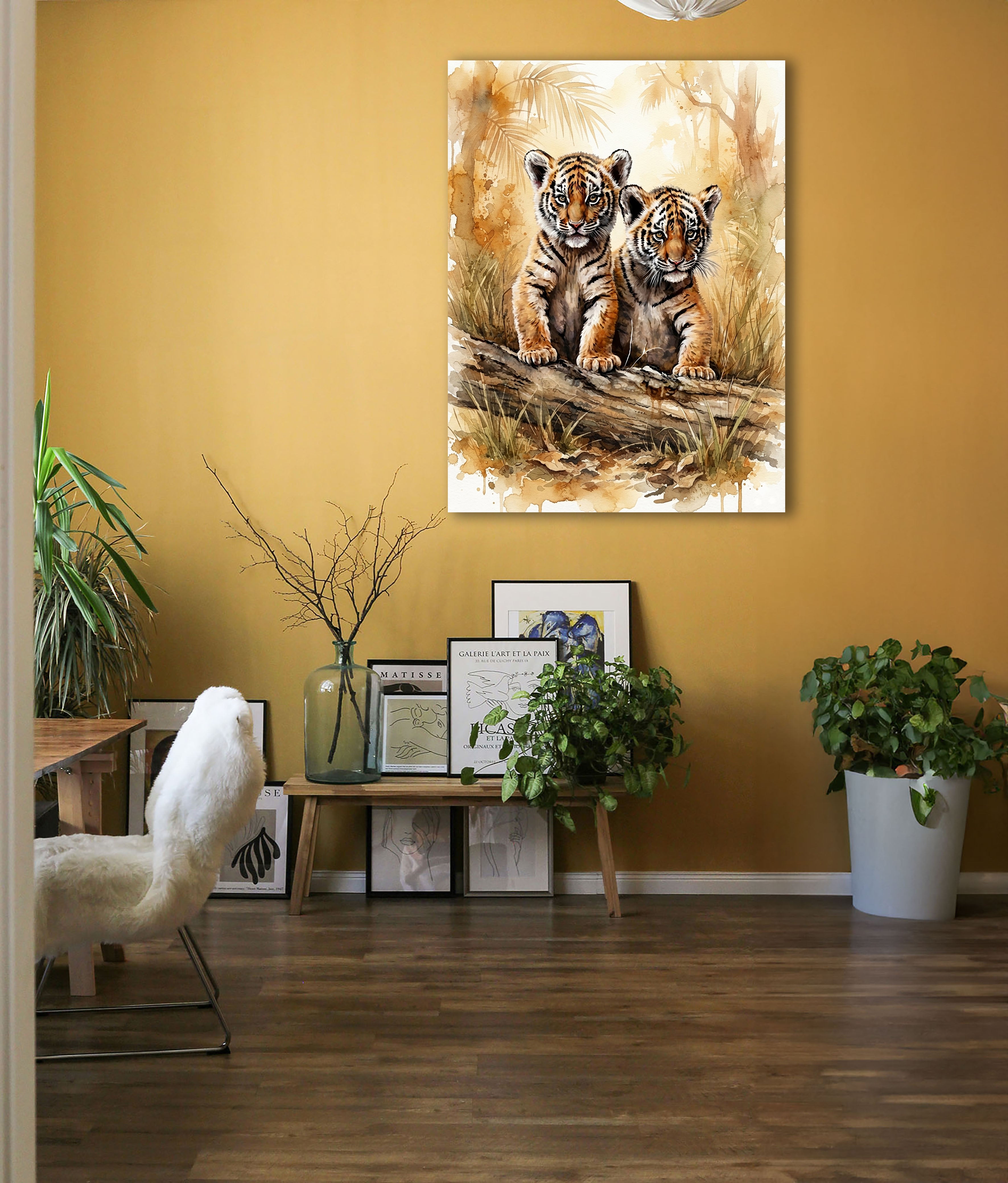 Wandbild Tiger Zwei Junge Baumstamm Aquarell Kunstdruck auf Leinwand