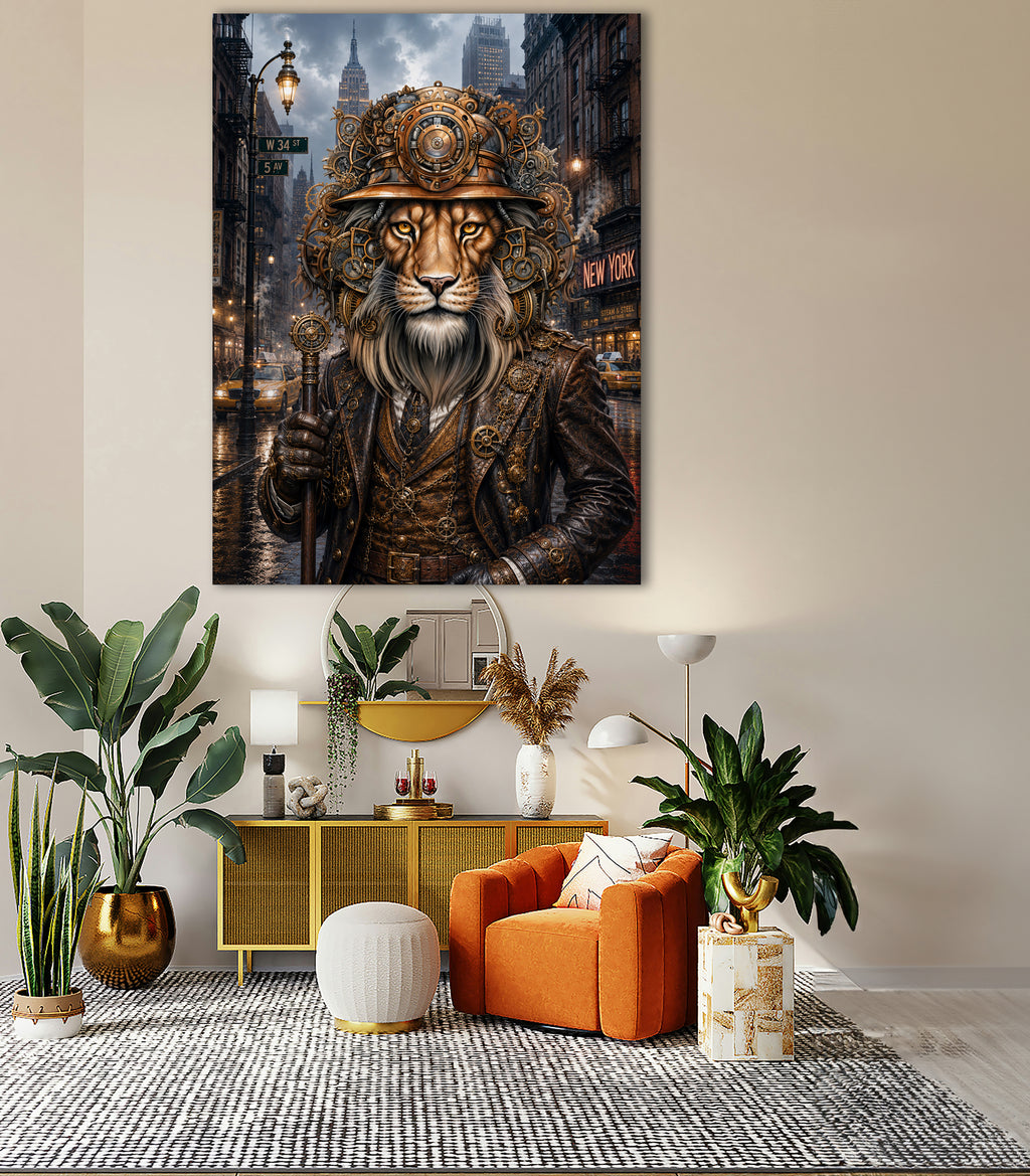 Wandbild Löwen Steampunk New York Kunstdruck auf Leinwand