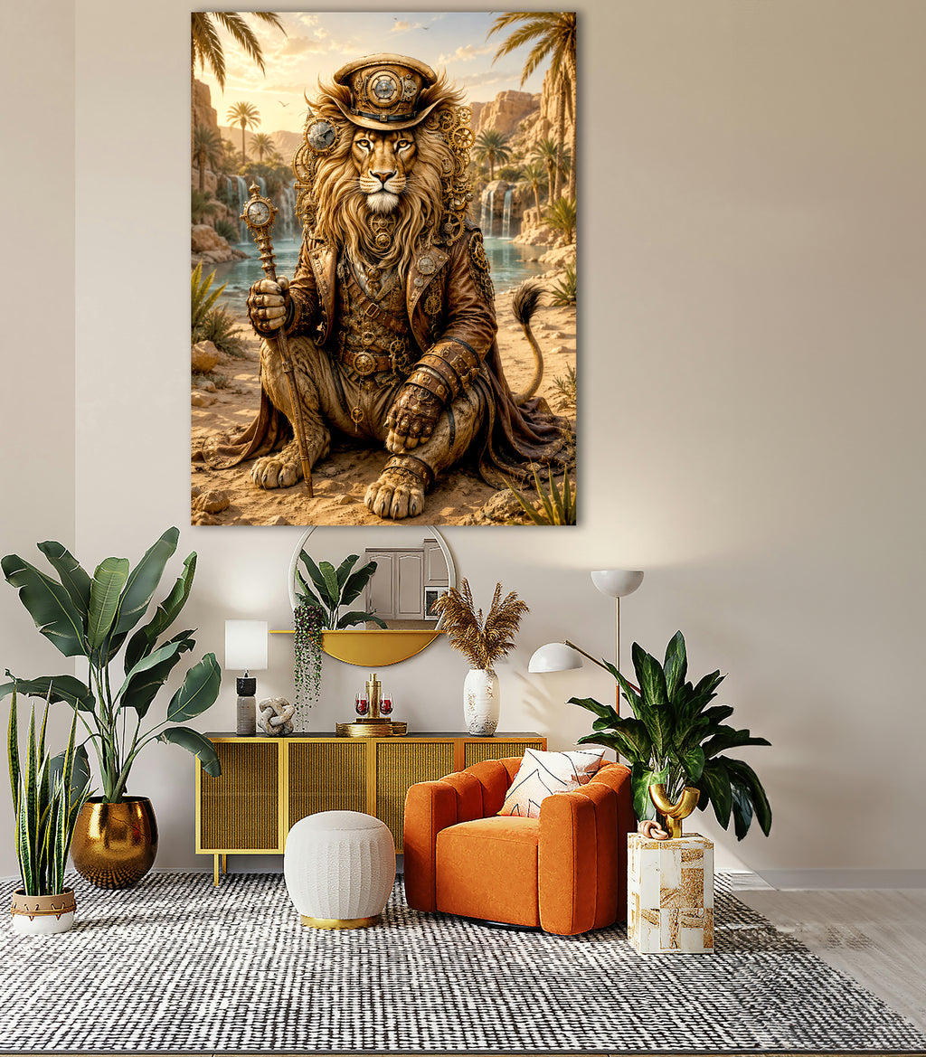 Wandbild Löwen Steampunk Oase Kunstdruck auf Leinwand