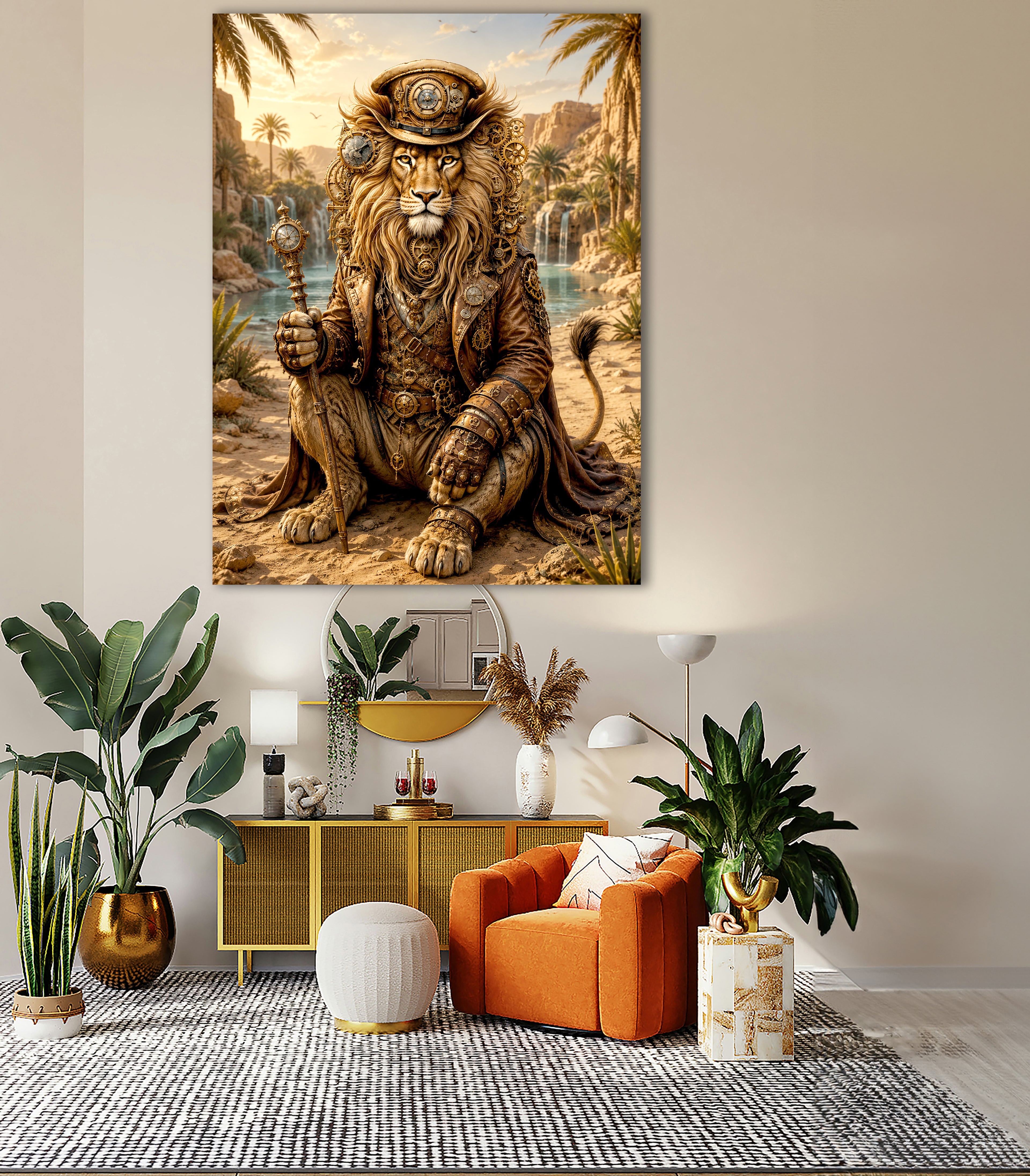 Wandbild Löwen Steampunk Oase Kunstdruck auf Leinwand