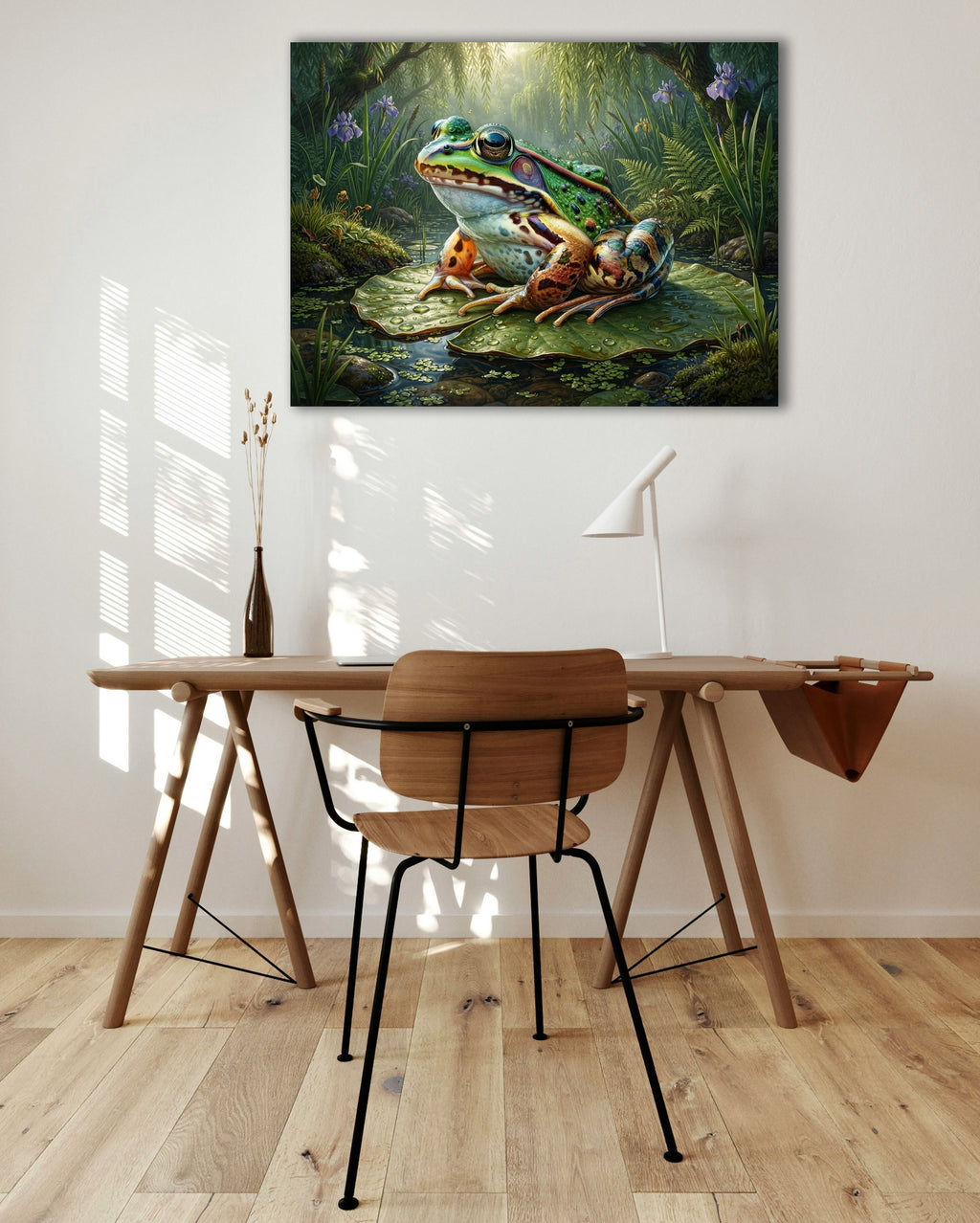 Wandbild Frosch Seerosenblatt Lila Iris Weidenzweige Gegenlicht Kunstdruck auf Leinwand
