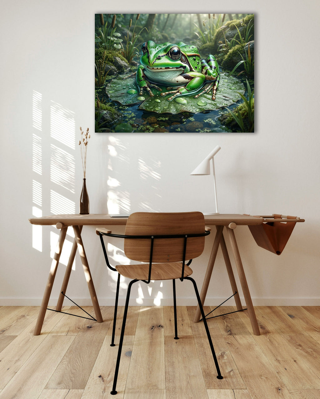 Wandbild Frosch Seerosenblatt Wassertropfen Schilf Waldlicht Kunstdruck auf Leinwand