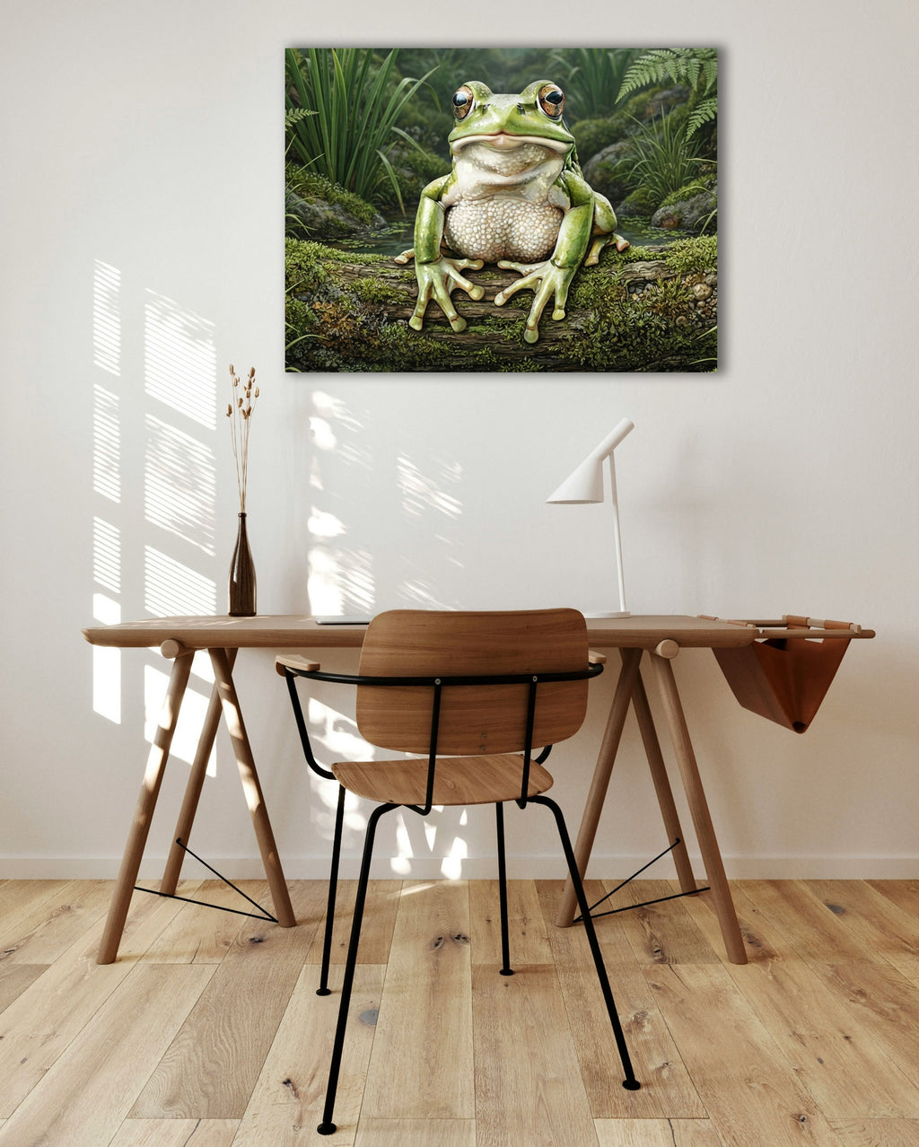 Wandbild Frosch Hellgrün Moosiger Ast Schilf Teich Kunstdruck auf Leinwand
