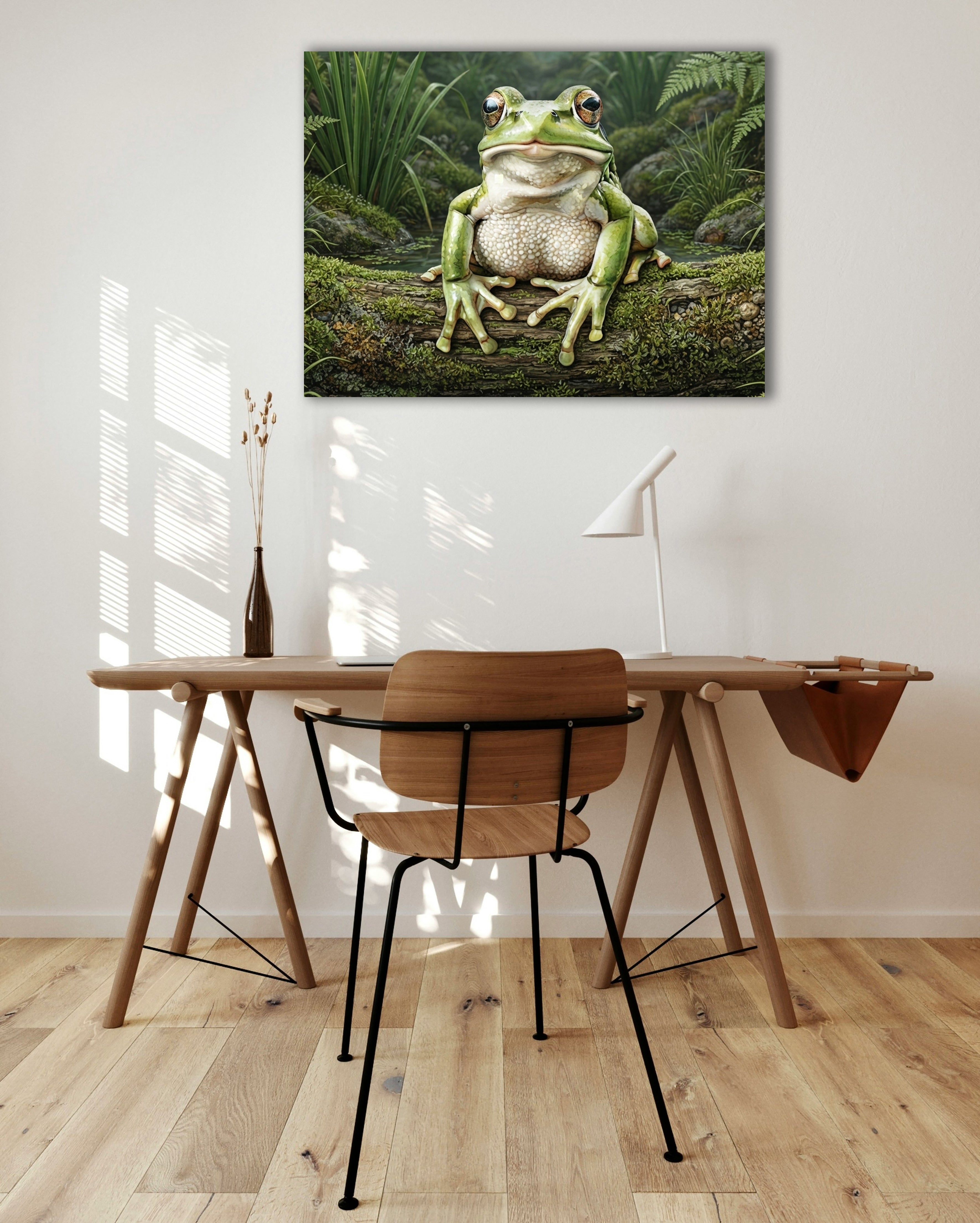 Wandbild Frosch Hellgrün Moosiger Ast Schilf Teich Kunstdruck auf Leinwand