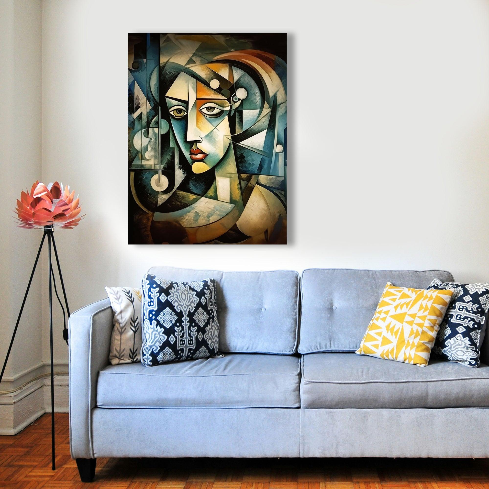 Wandbild Kubistische Frau in Blau Picasso Style Kunstdruck auf Leinwand