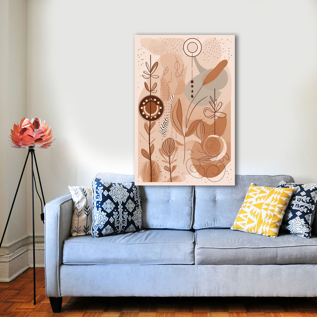 Wandbild Boho Art Linienpflanzen Feder Spiralen Beige Terrakotta Kunstdruck auf Leinwand