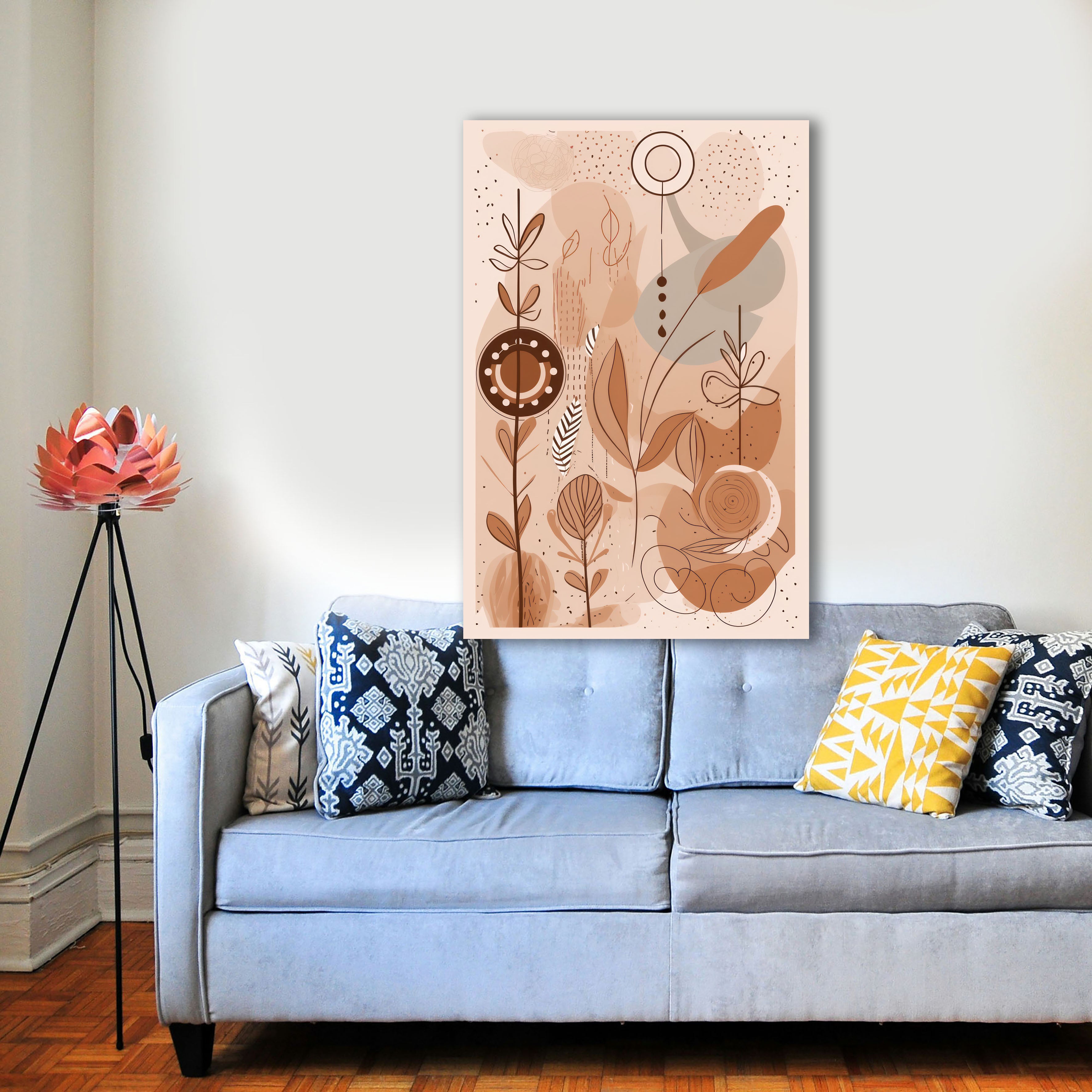 Wandbild Boho Art Linienpflanzen Feder Spiralen Beige Terrakotta Kunstdruck auf Leinwand