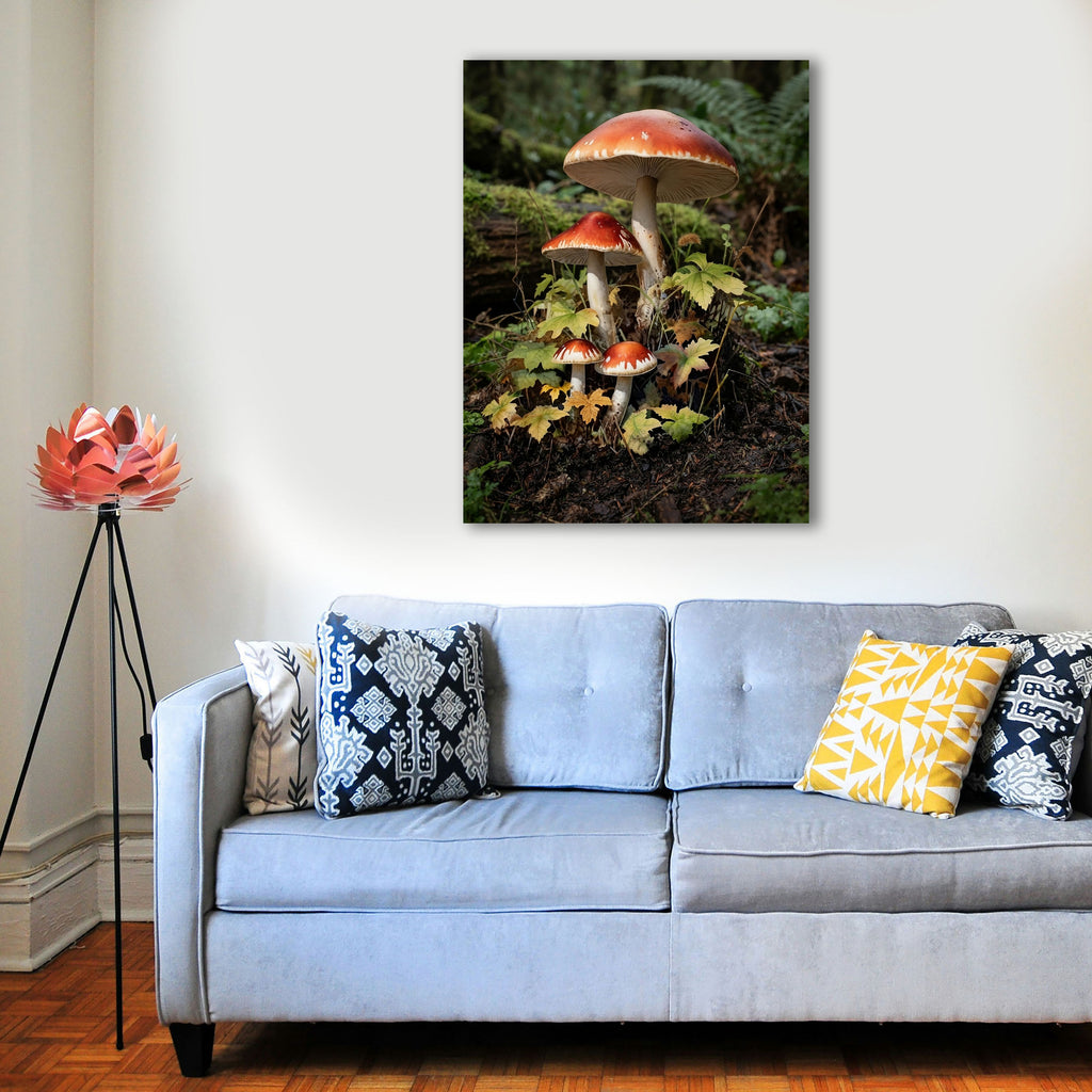 Wandbild Waldpilz Vier Pilze Herbstlaub Farne Waldboden Kunstdruck auf Leinwand