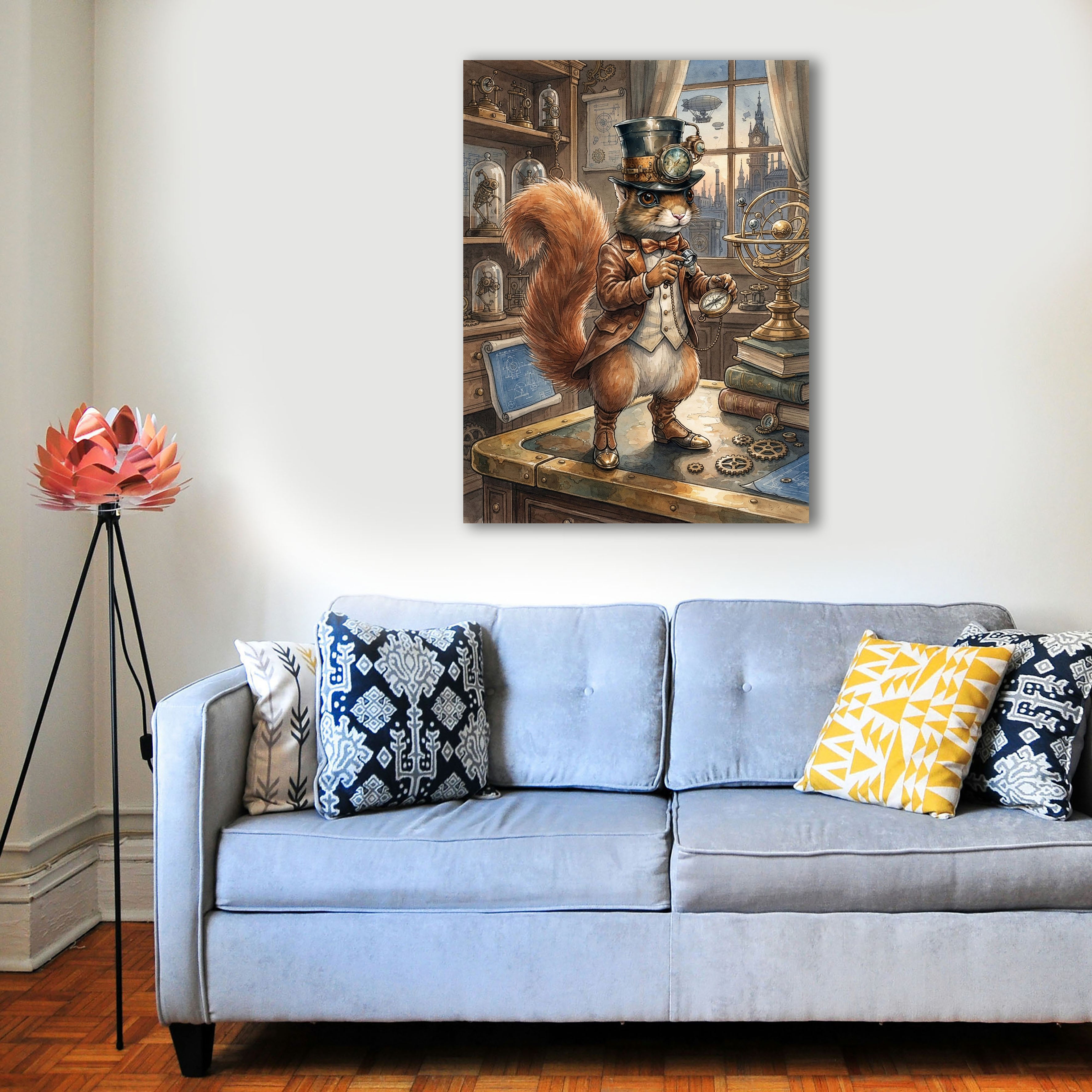 Wandbild Eichhörnchen Steampunk Entdecker Taschenuhr London Kunstdruck auf Leinwand