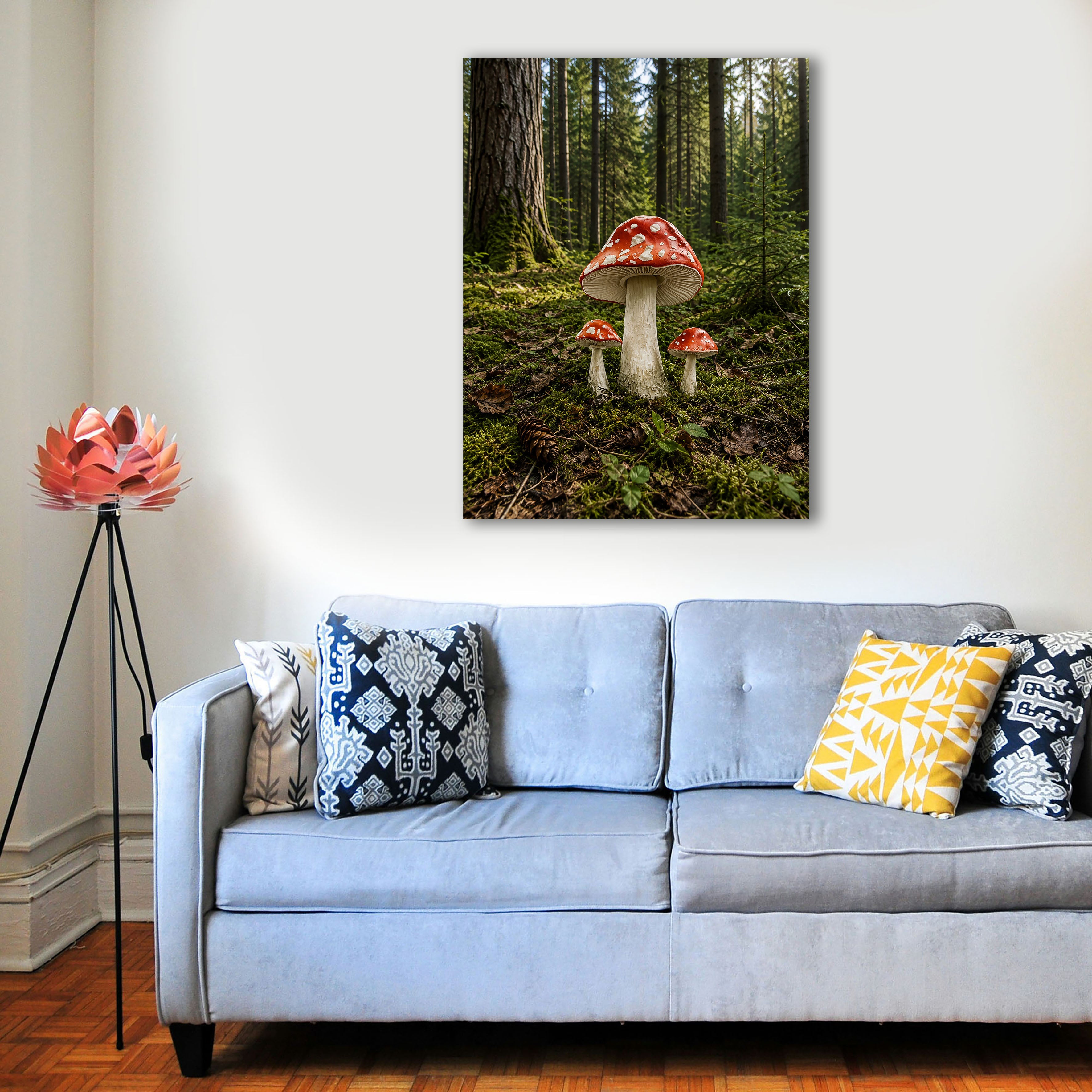 Wandbild Waldpilz Drei Fliegenpilze Moosiger Waldboden Nadelwald Kunstdruck auf Leinwand