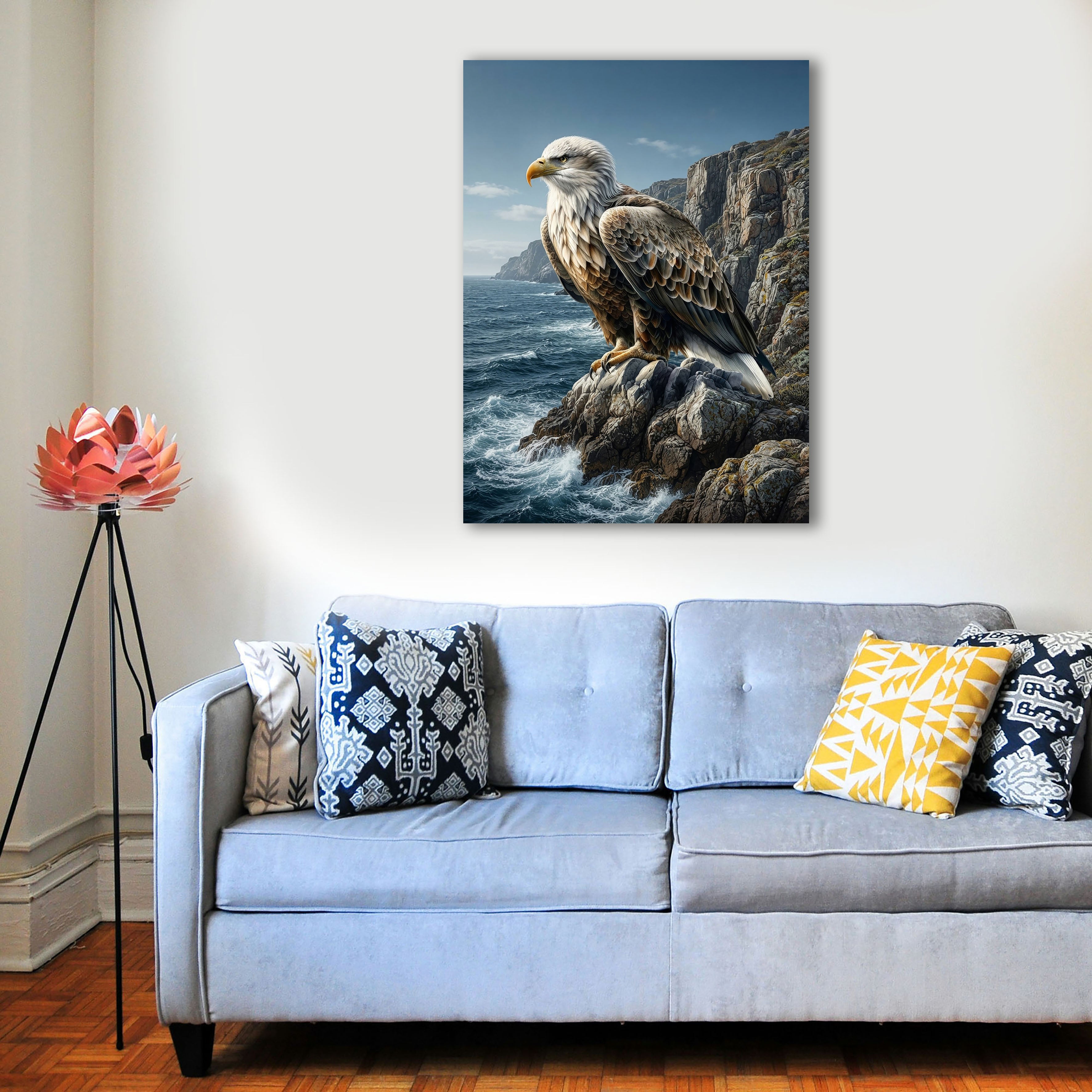 Wandbild Adler Sitzend Steilküste Klippen Meer Illustrationsstil Kunstdruck auf Leinwand