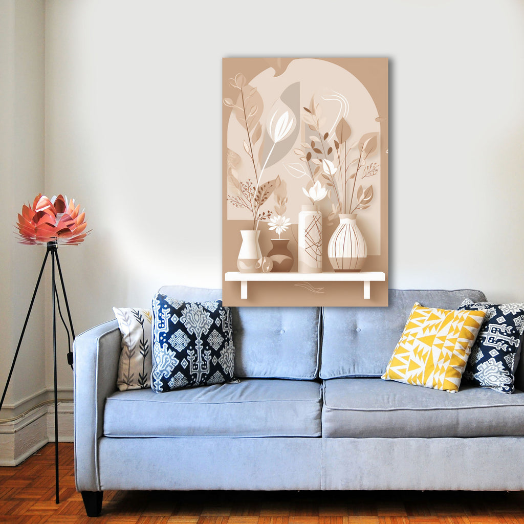 Wandbild Boho Art Vasen Stillleben Trockenblumen Beige Kunstdruck auf Leinwand