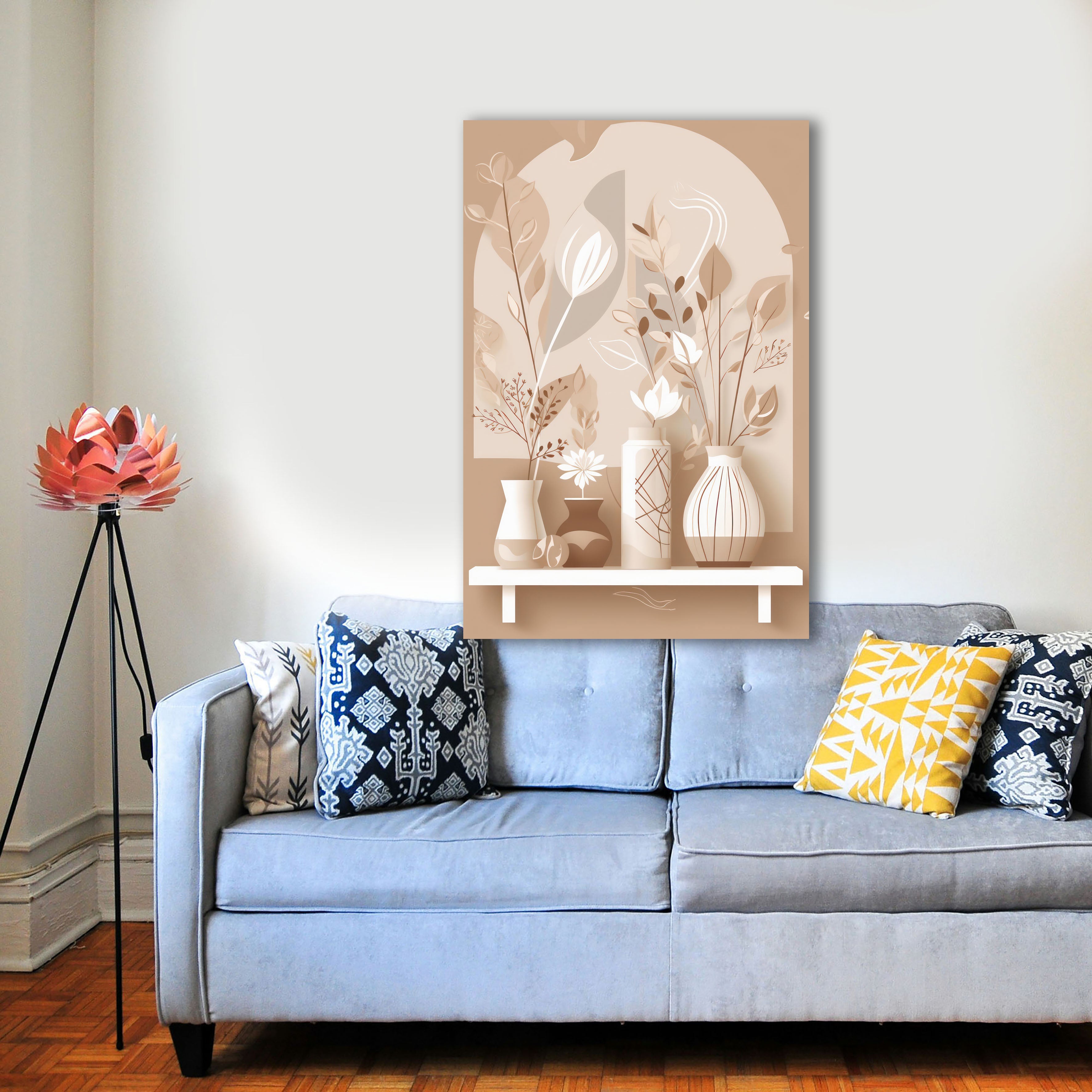 Wandbild Boho Art Vasen Stillleben Trockenblumen Beige Kunstdruck auf Leinwand