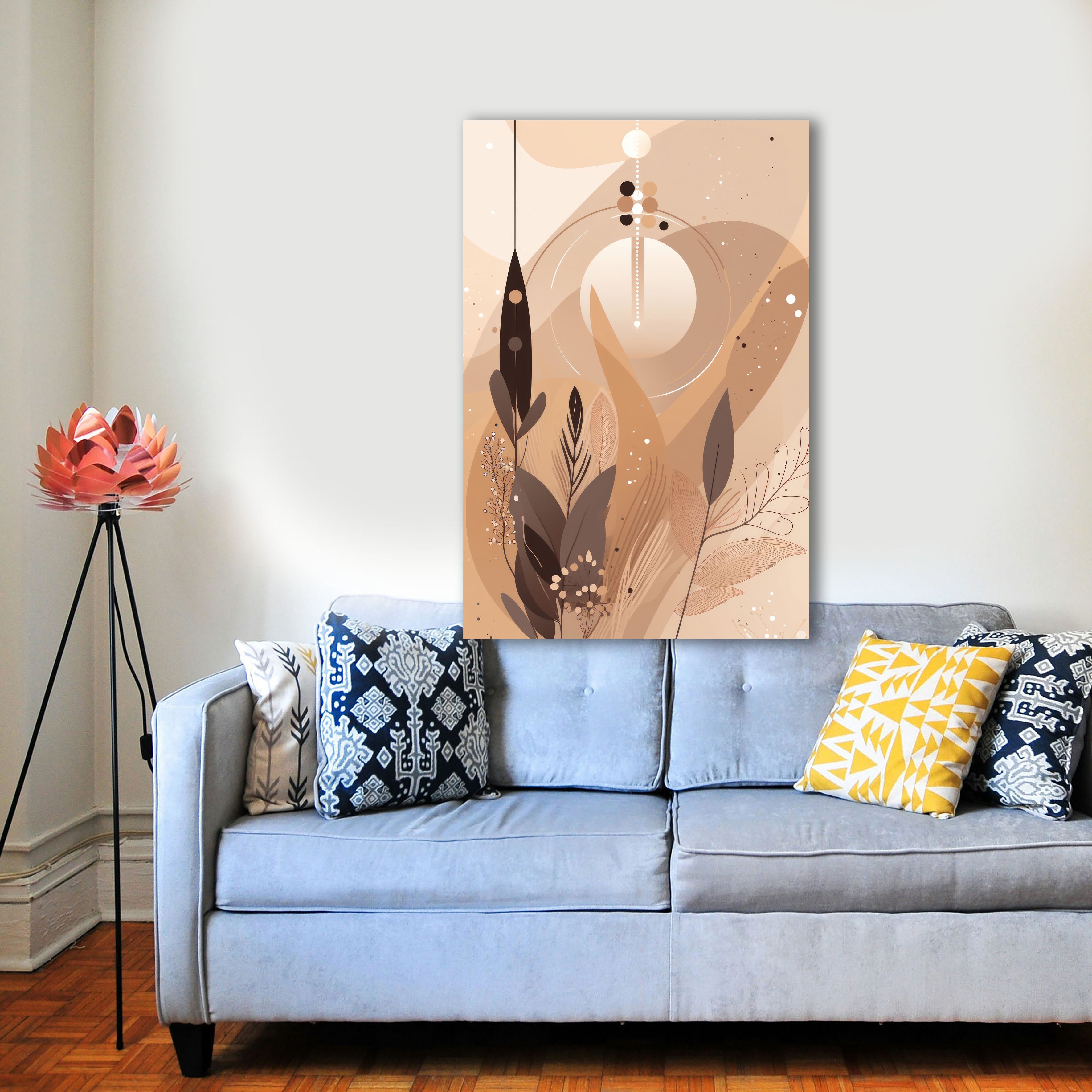 Wandbild Boho Art Mond Blätter Federn Mystisch Beige Braun Kunstdruck auf Leinwand