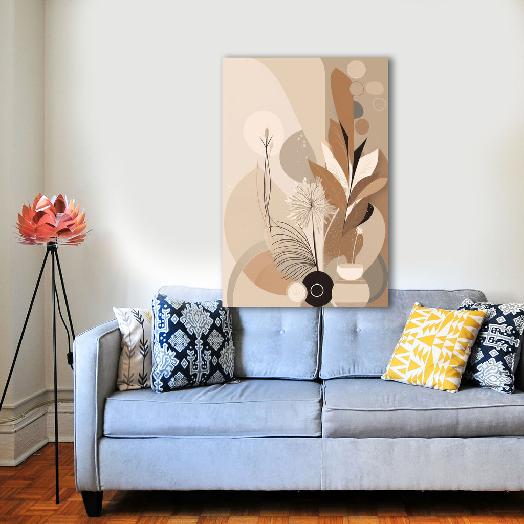 Wandbild Boho Art Schwarze Vase Pusteblume Palmfarn Beige Braun Kunstdruck auf Leinwand