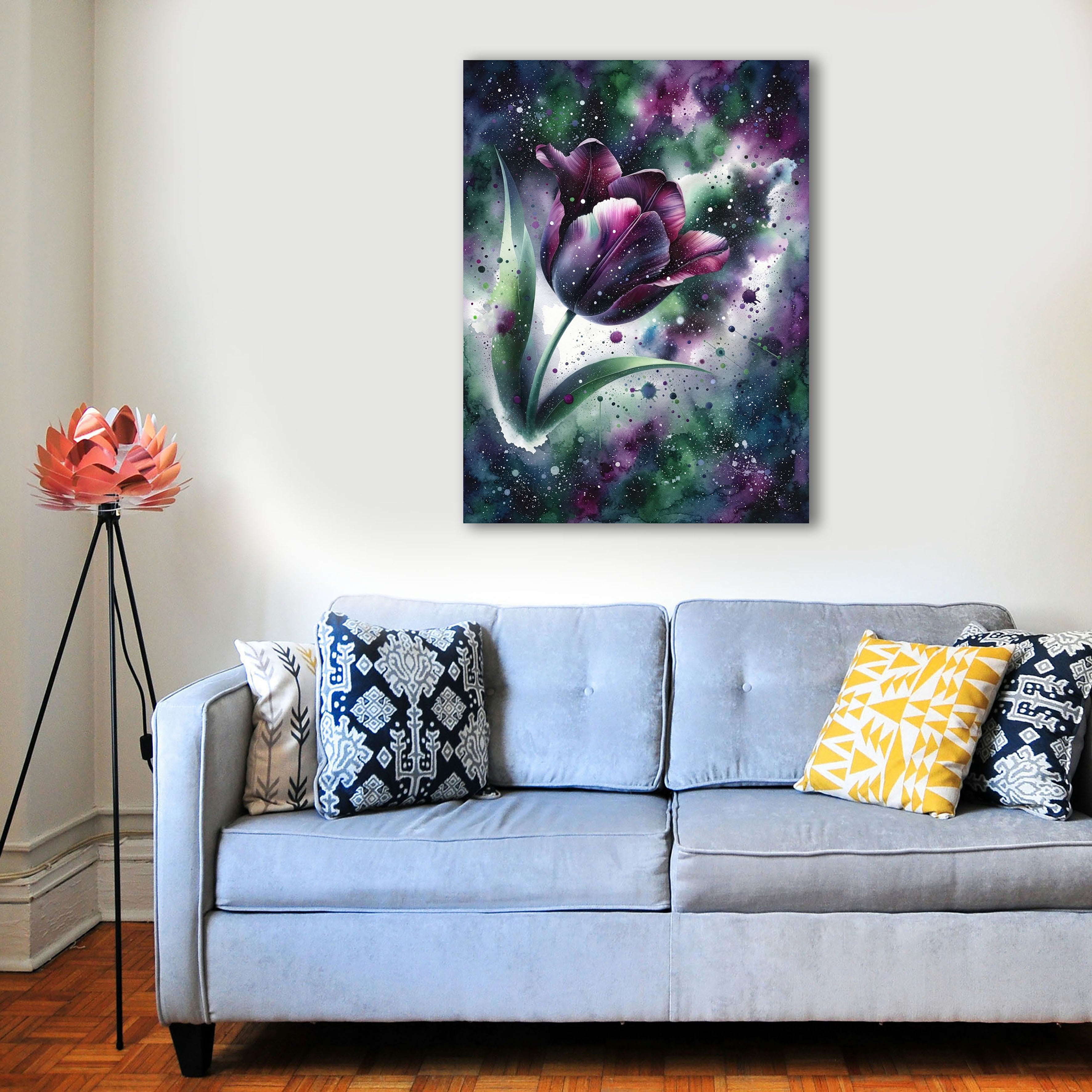 Wandbild Tulpe Aquarell Dunkelviolett Galaxie Grün Sternennebel Kunstdruck auf Leinwand