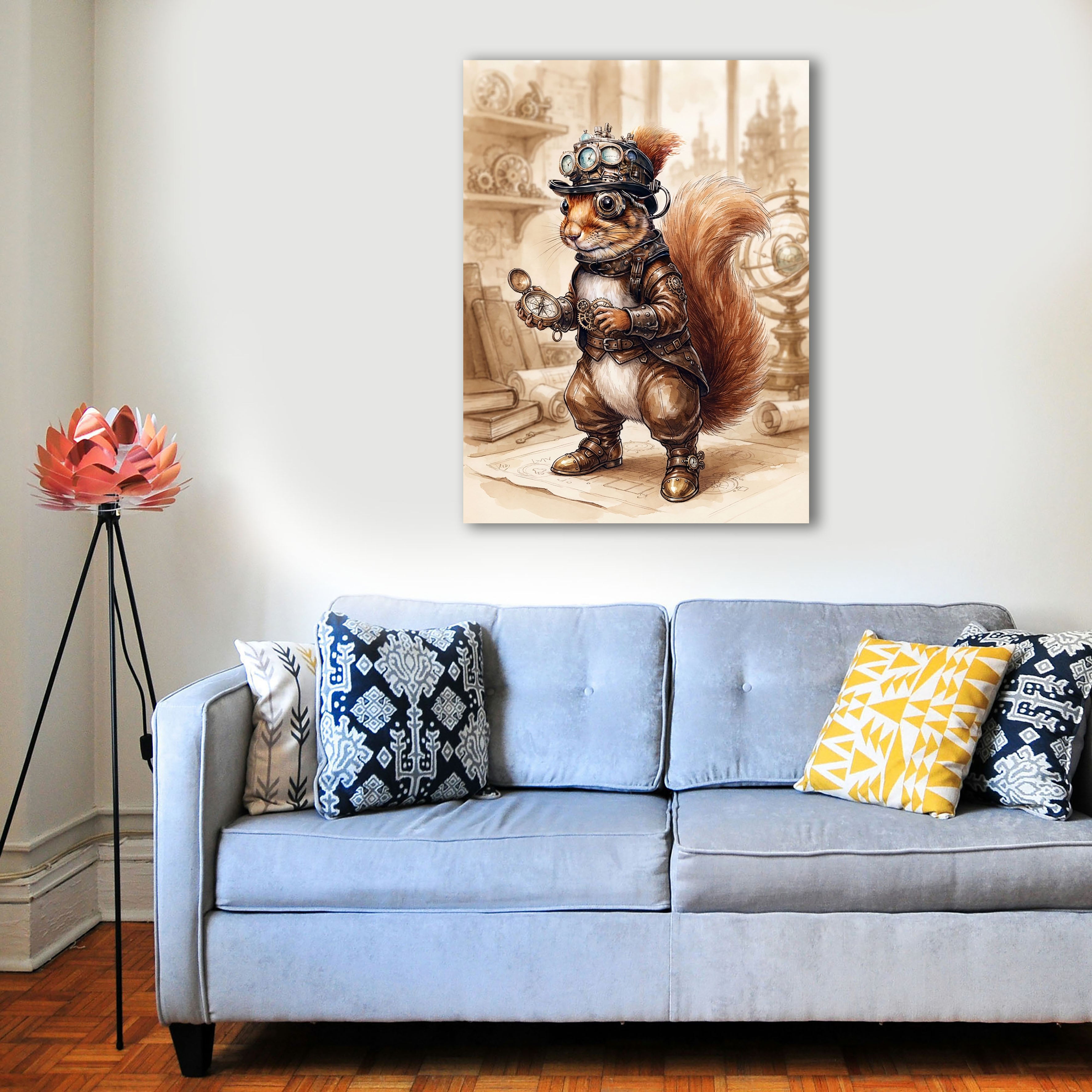 Wandbild Eichhörnchen Steampunk Abenteurer Kompass Aquarell Sepia Kunstdruck auf Leinwand
