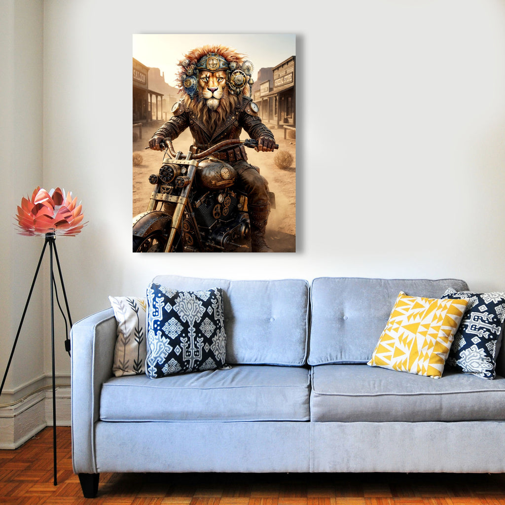 Wandbild Löwen Steampunk Motorrad Kunstdruck auf Leinwand