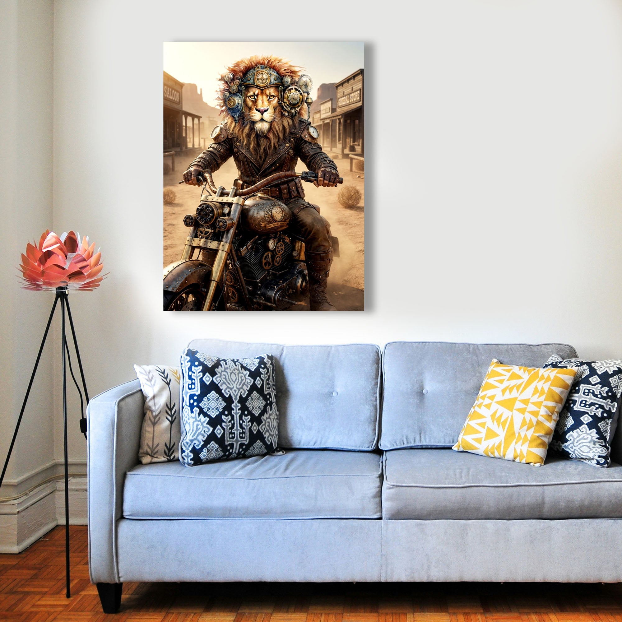 Wandbild Löwen Steampunk Motorrad Kunstdruck auf Leinwand