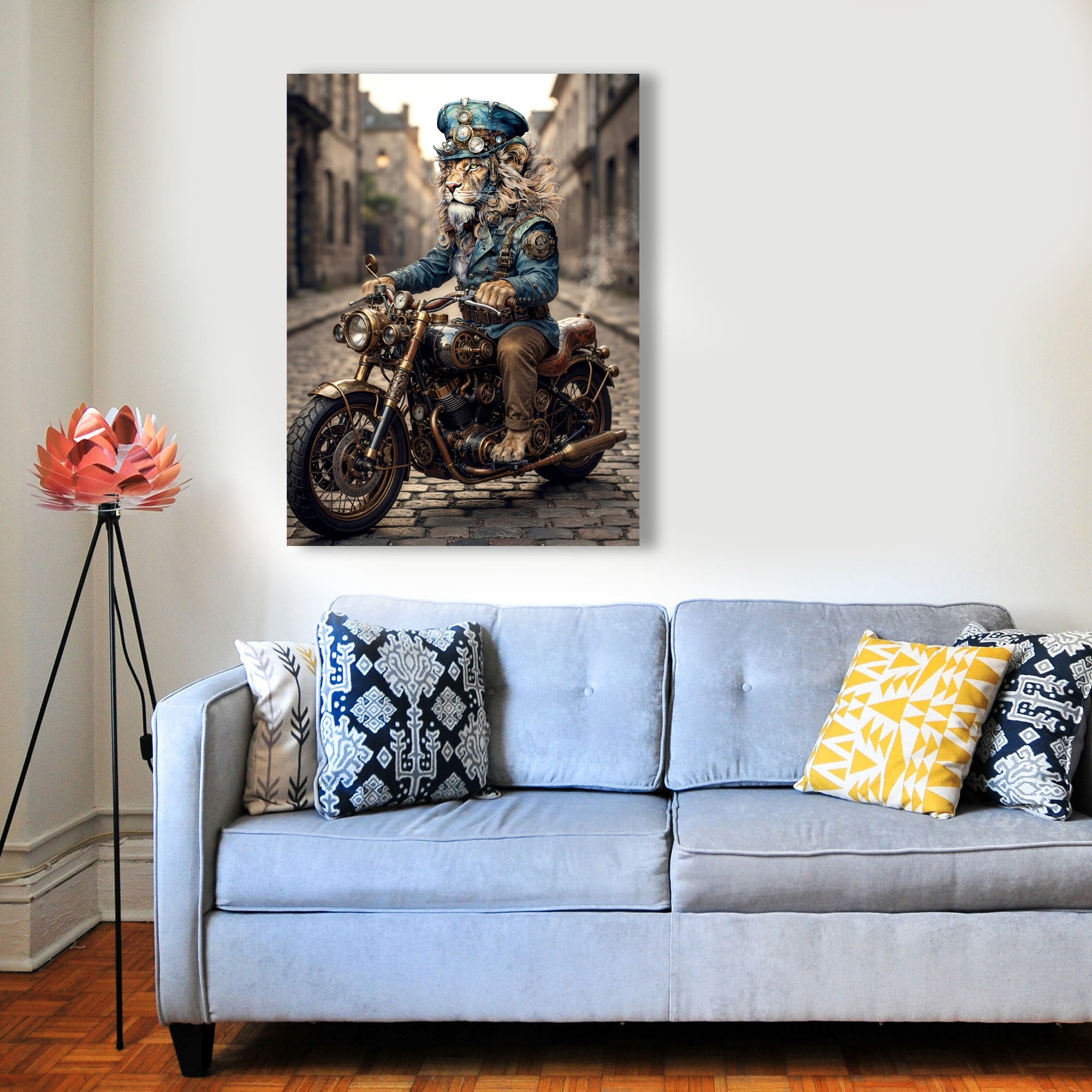 Wandbild Löwen Steampunk Motorrad Kunstdruck auf Leinwand