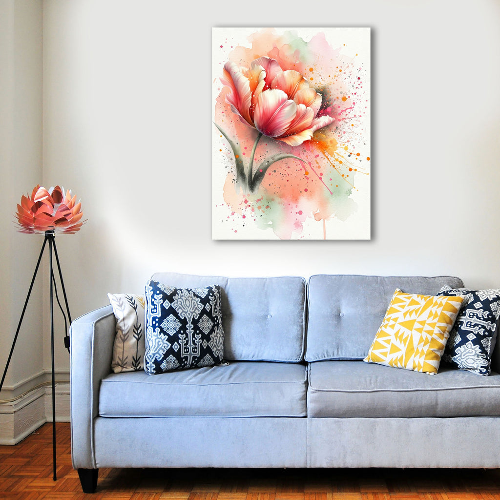 Wandbild Tulpe Aquarell Lachs Orange Rosa Farbspritzer Frühlingsblüte Kunstdruck auf Leinwand