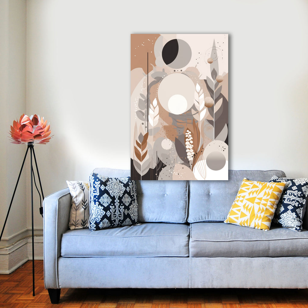 Wandbild Boho Art Mondphasen Blätter Abstrakt Beige Grau Kunstdruck auf Leinwand