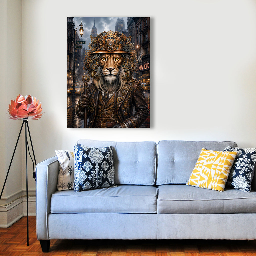 Wandbild Löwen Steampunk New York Kunstdruck auf Leinwand