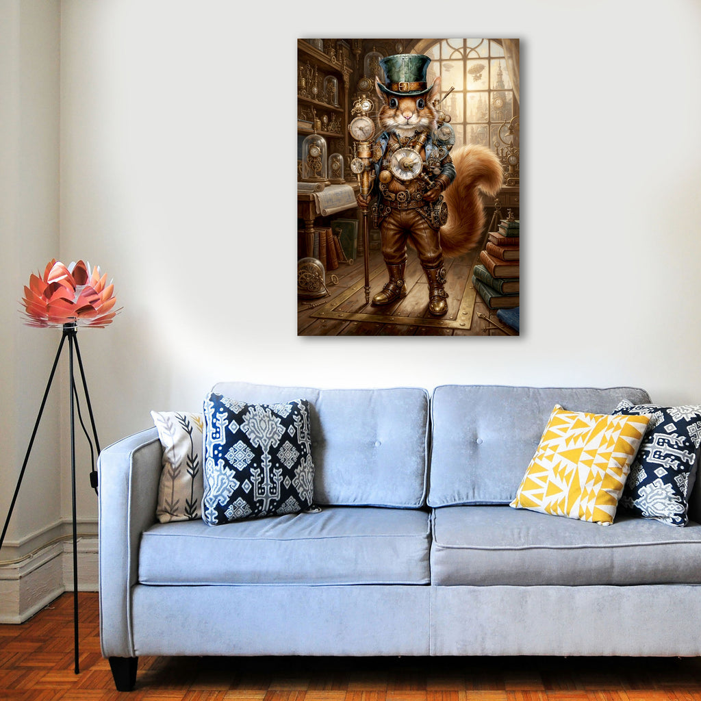 Wandbild Eichhörnchen Steampunk Uhrmacher Grüner Zylinder Uhrenatelier Kunstdruck auf Leinwand