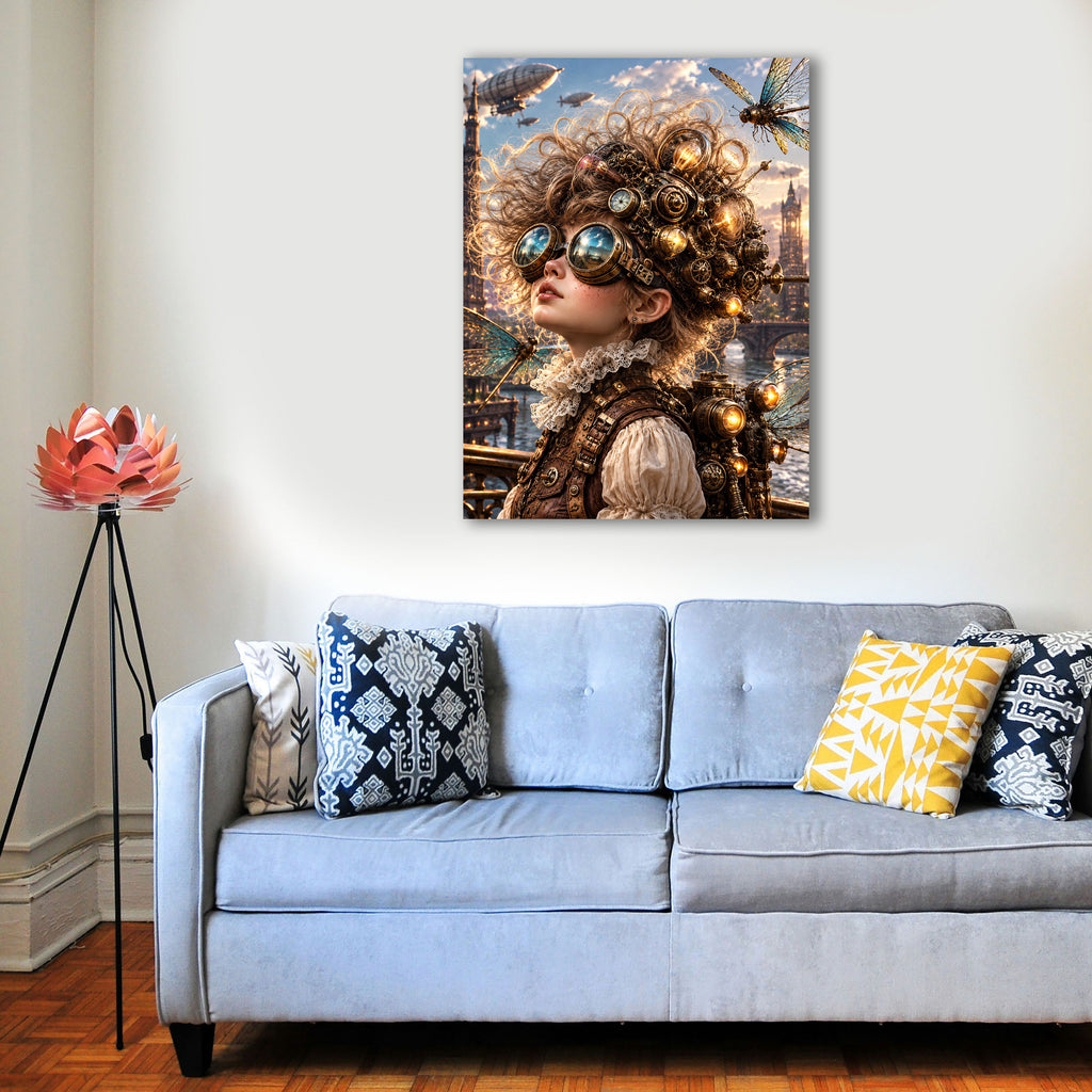Steampunk Himmelsforscherin – Fantasie Wandbild fürs Kinderzimmer