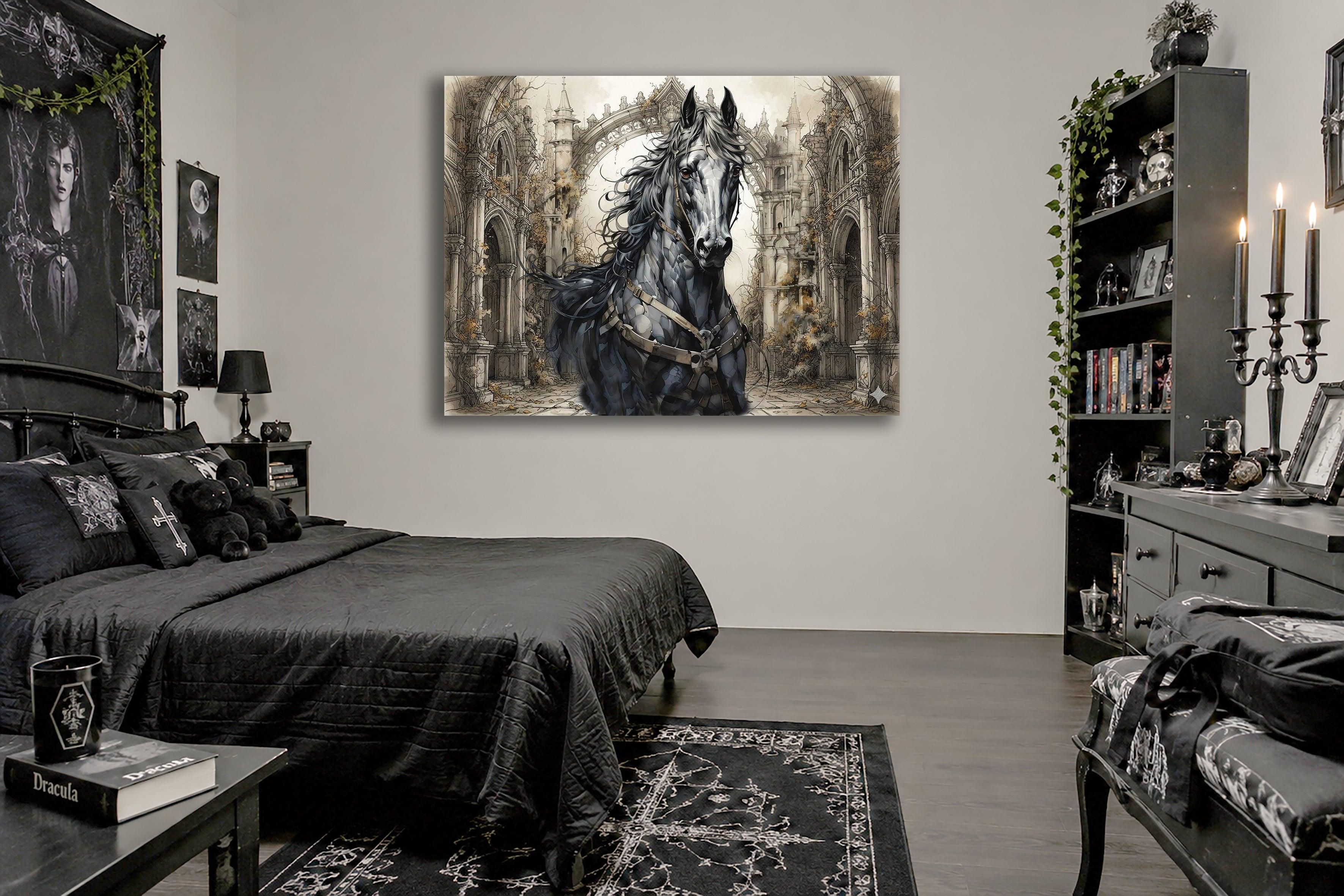 Gothic Pferd am Burgtor Kunstdruck auf Leinwand