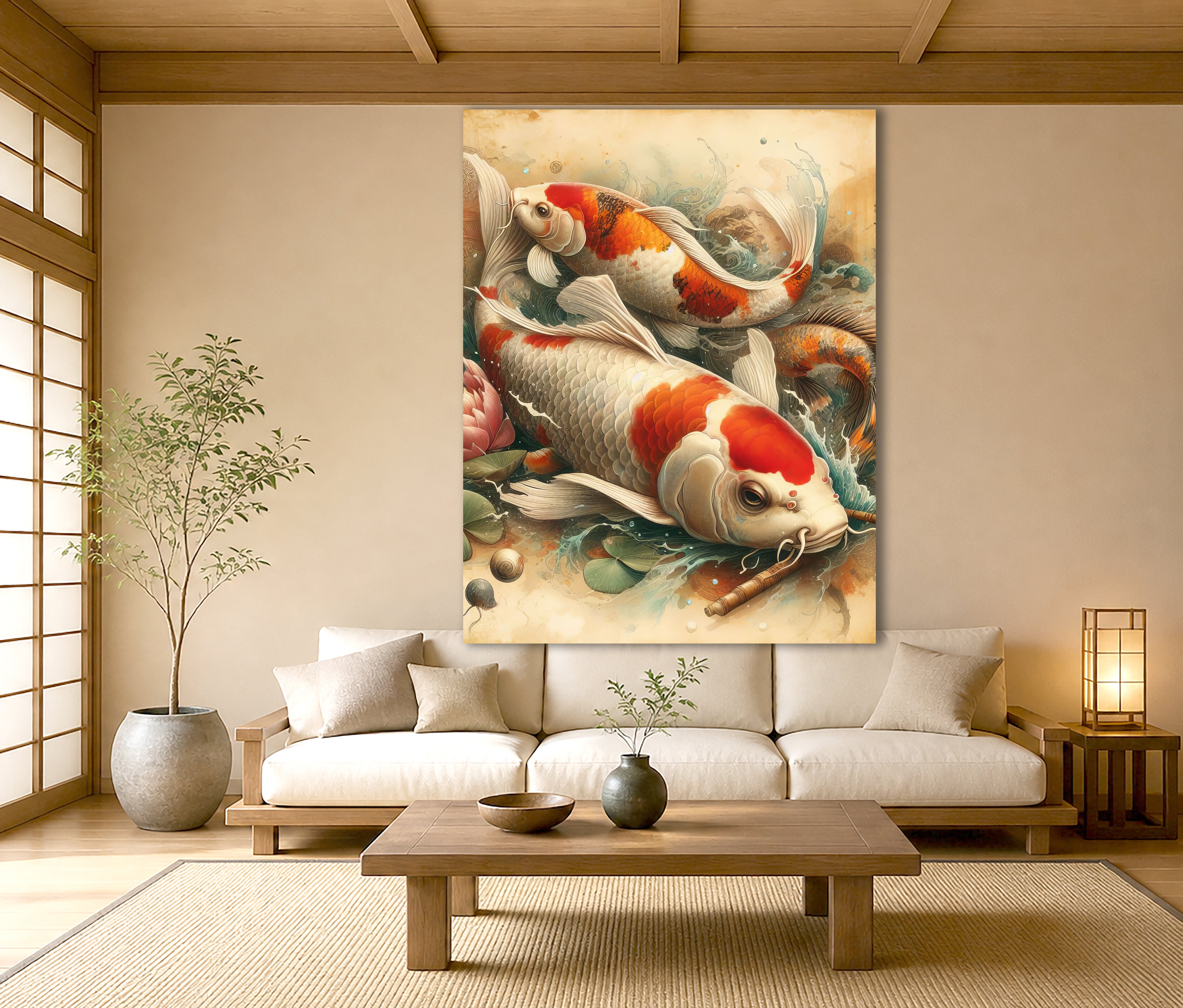 Wandbild Koi Karpfen Zwei Lotus Bambusstab Aquarell Vintage Kunstdruck auf Leinwand