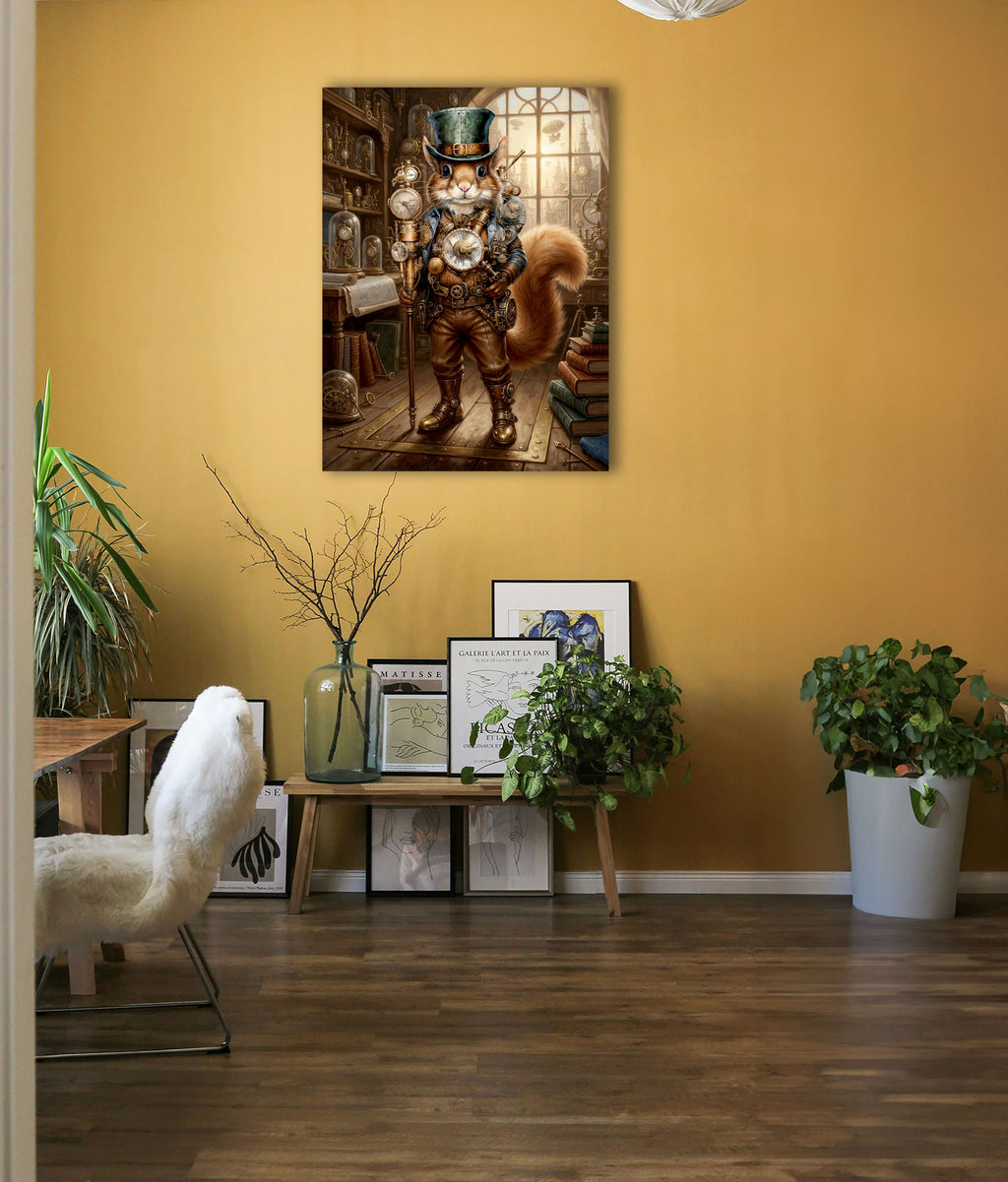 Wandbild Eichhörnchen Steampunk Uhrmacher Grüner Zylinder Uhrenatelier Kunstdruck auf Leinwand