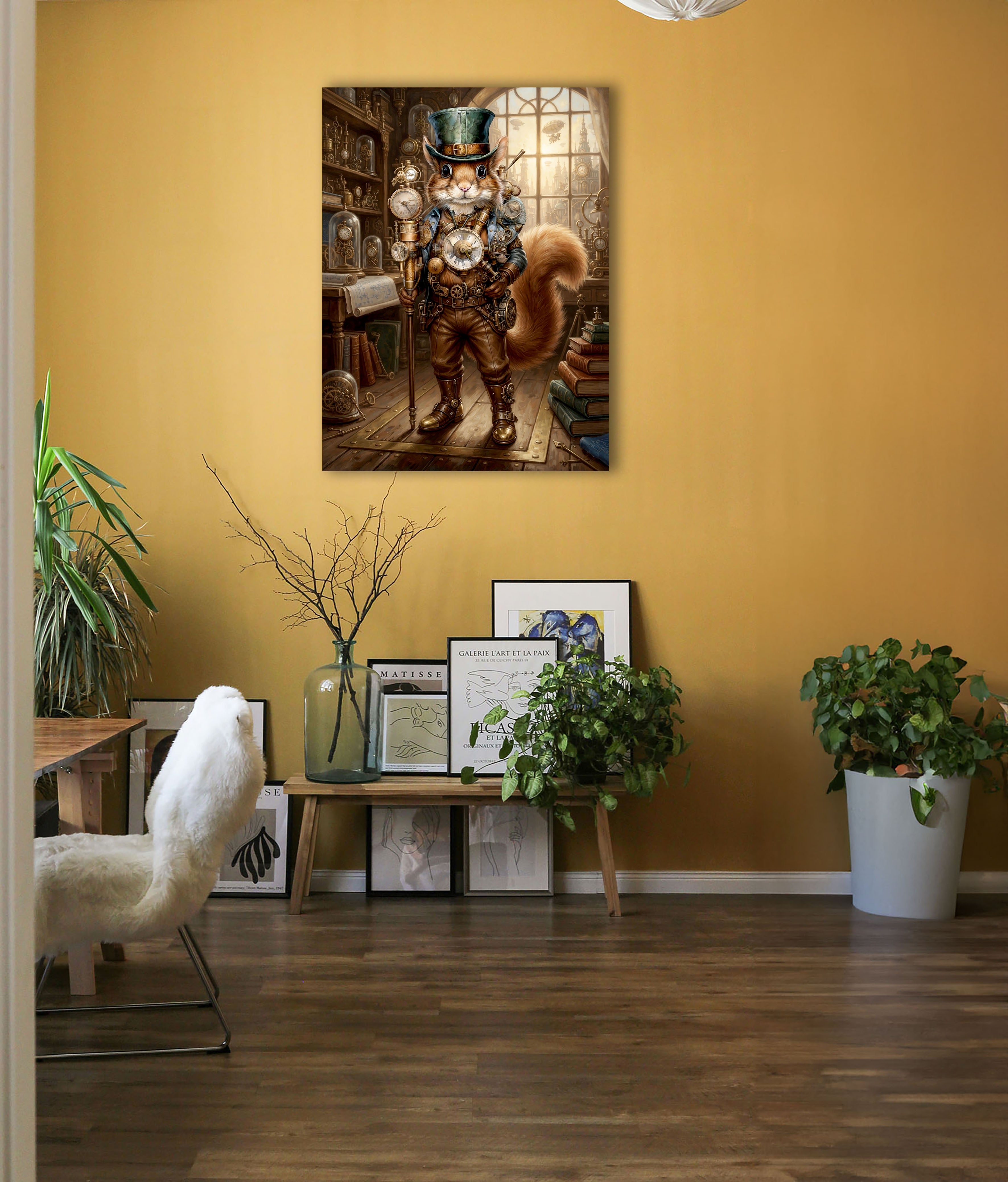Wandbild Eichhörnchen Steampunk Uhrmacher Grüner Zylinder Uhrenatelier Kunstdruck auf Leinwand