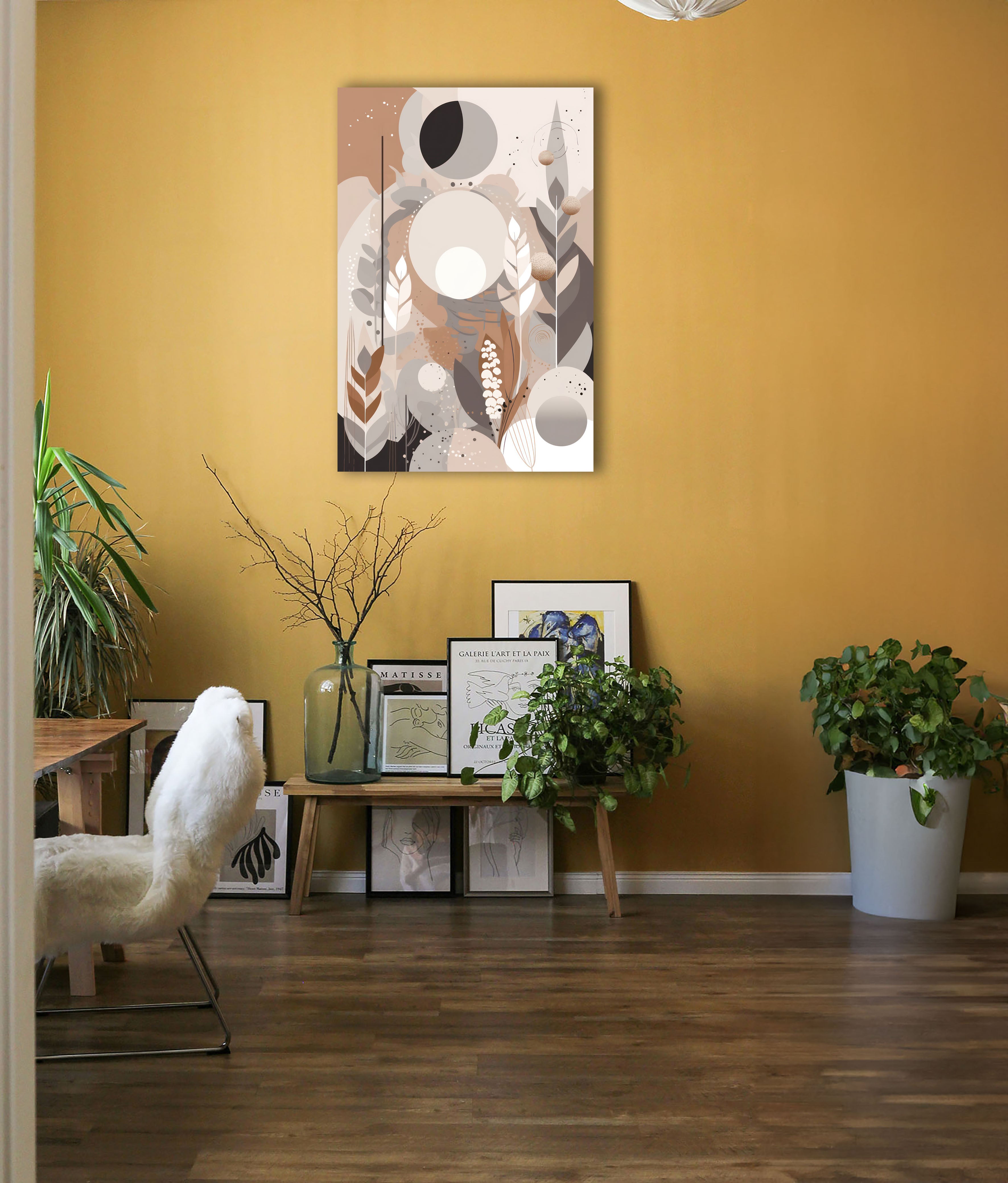 Wandbild Boho Art Mondphasen Blätter Abstrakt Beige Grau Kunstdruck auf Leinwand