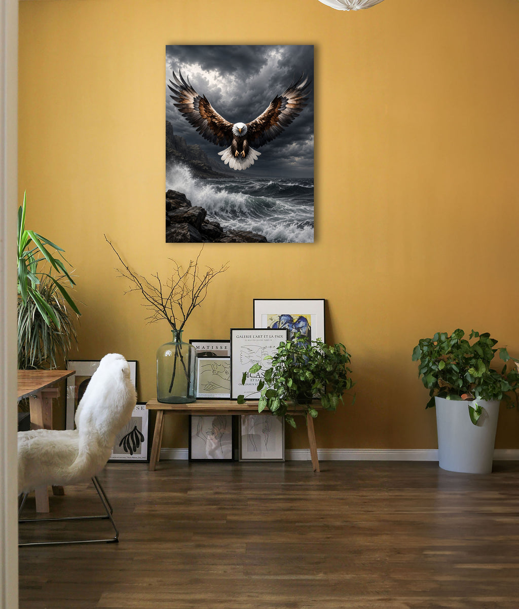 Wandbild Adler Frontalflug Sturmküste Felsen Brandung Kunstdruck auf Leinwand