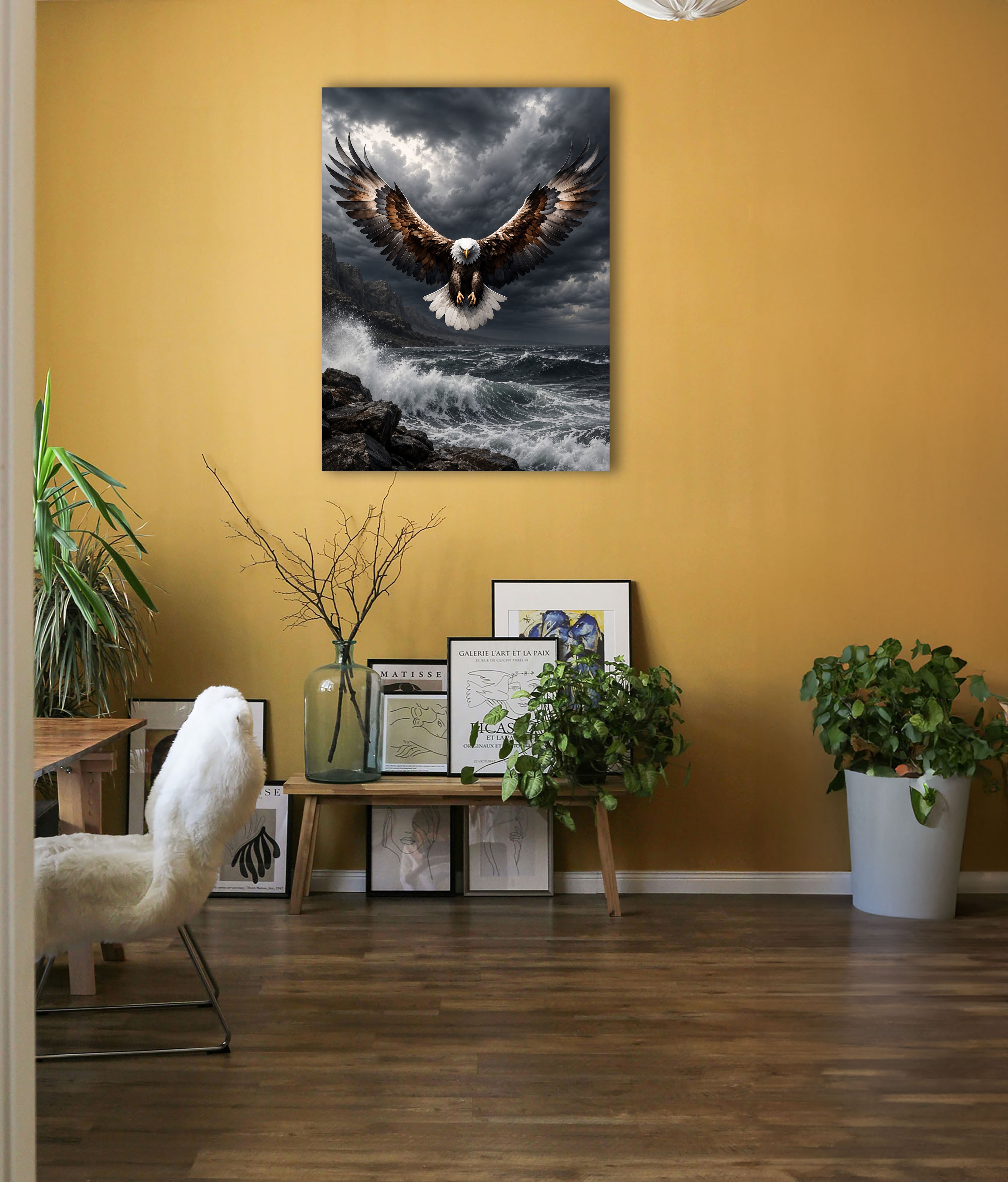 Wandbild Adler Frontalflug Sturmküste Felsen Brandung Kunstdruck auf Leinwand