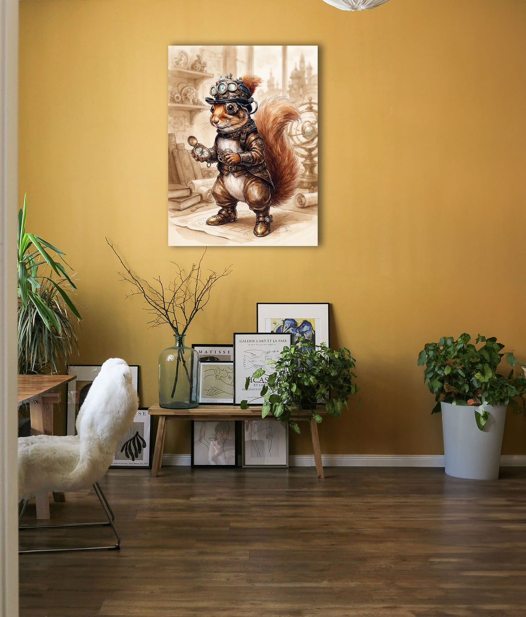 Wandbild Eichhörnchen Steampunk Abenteurer Kompass Aquarell Sepia Kunstdruck auf Leinwand