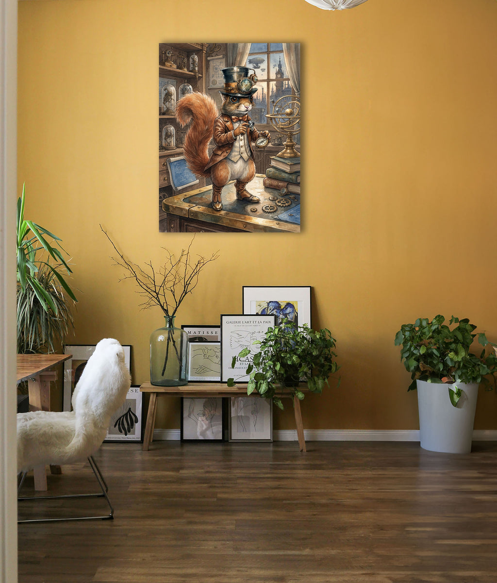 Wandbild Eichhörnchen Steampunk Entdecker Taschenuhr London Kunstdruck auf Leinwand